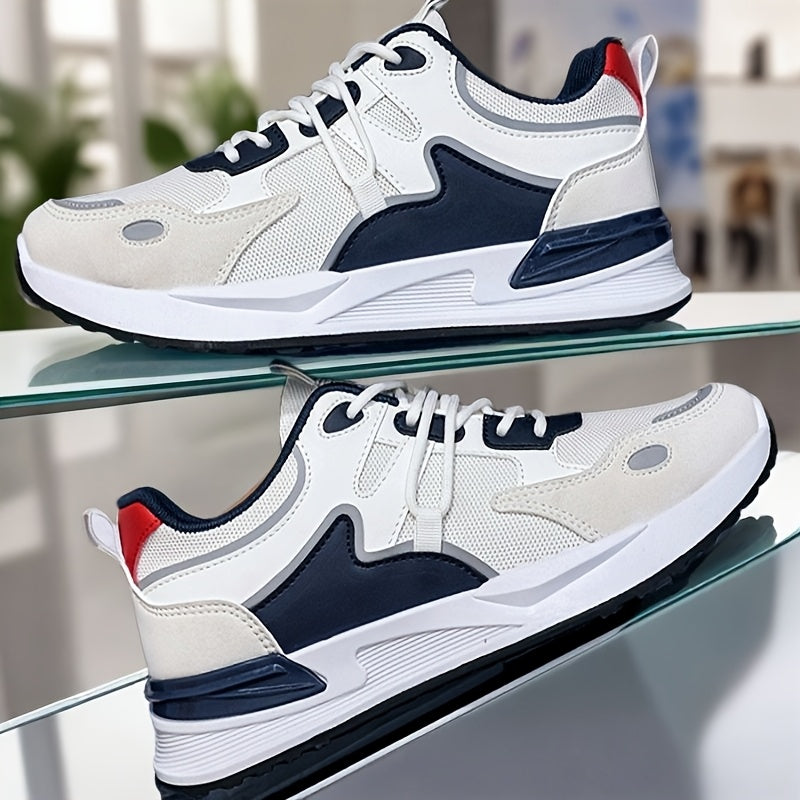 Men's Plus Size Breathable Mesh Casual Sneakers - Low-Top Lace-Up Walking Shoes with Cushioned PVC Sole, All-Season Outdoor & Daily Wear in White/Navy/Red Accents, Outdoor Footwear | Modern Sneakers | Durable Fabric Shoes