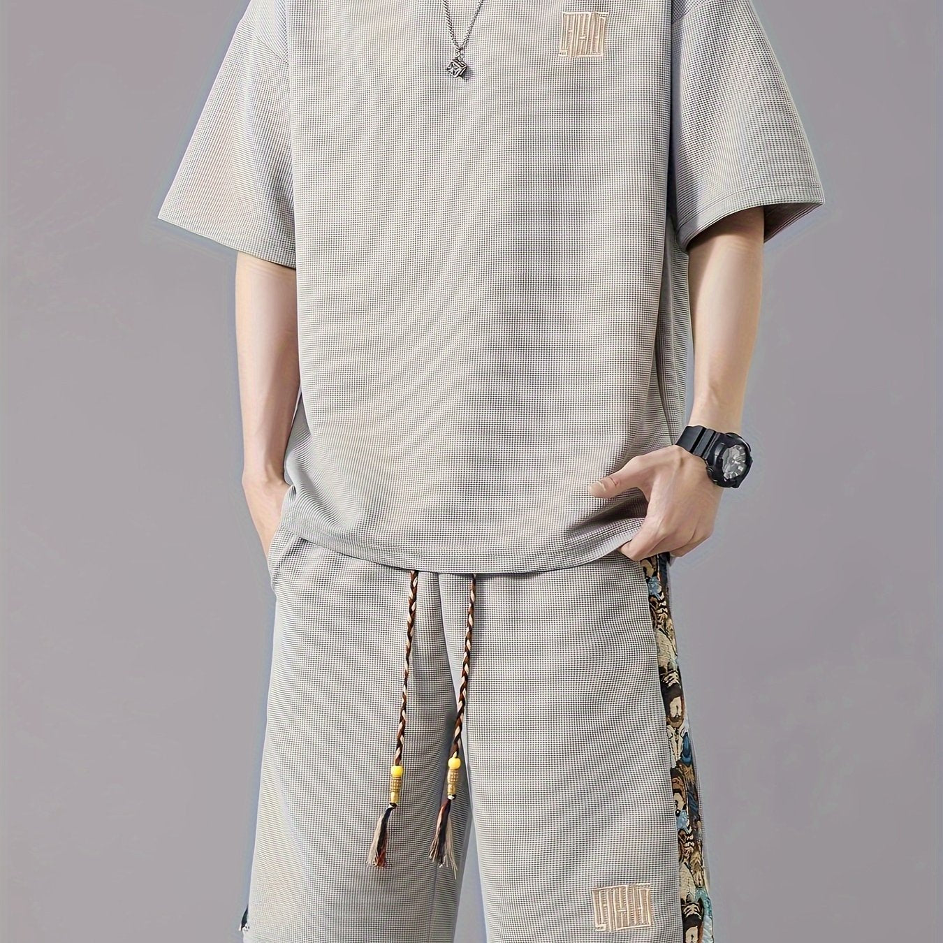 Men's Summer Casual Fashion Set: Embroidered Loose-Fit T-Shirt & Shorts - Breathable Polyester Blend, Non-Stretch Fabric, Pineapple, Sports Set