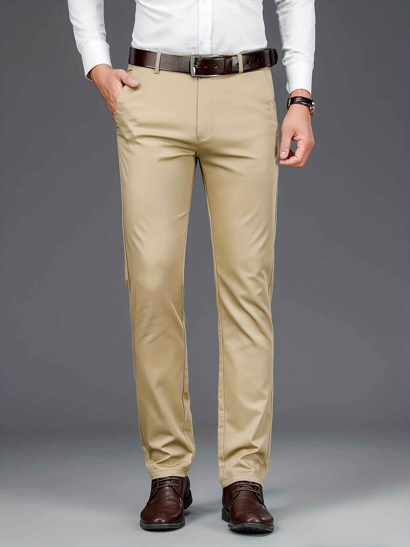 Men'S Stretch Fit Straight-Leg Trousers - Beige Business Casual Pants with Elastic Waistband, Perfect for Spring & Fall, Office Attire|Sleek Formal Attire|Comfortable Fit
