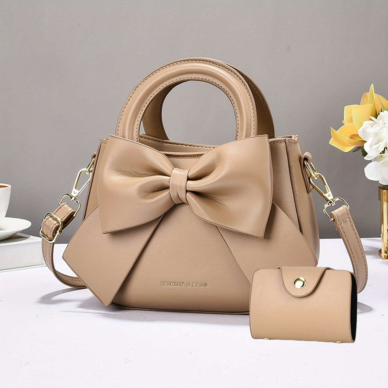 FIDM Women'S Chic Beige Crossbody Bag with Bow Detail - Versatile Synthetic Faux Leather Shoulder Purse with Zipper Closure, Elegant Design for Casual or Formal Occasions, Casual Shoulder Bag | Elegant Women'S Accessory | Syn