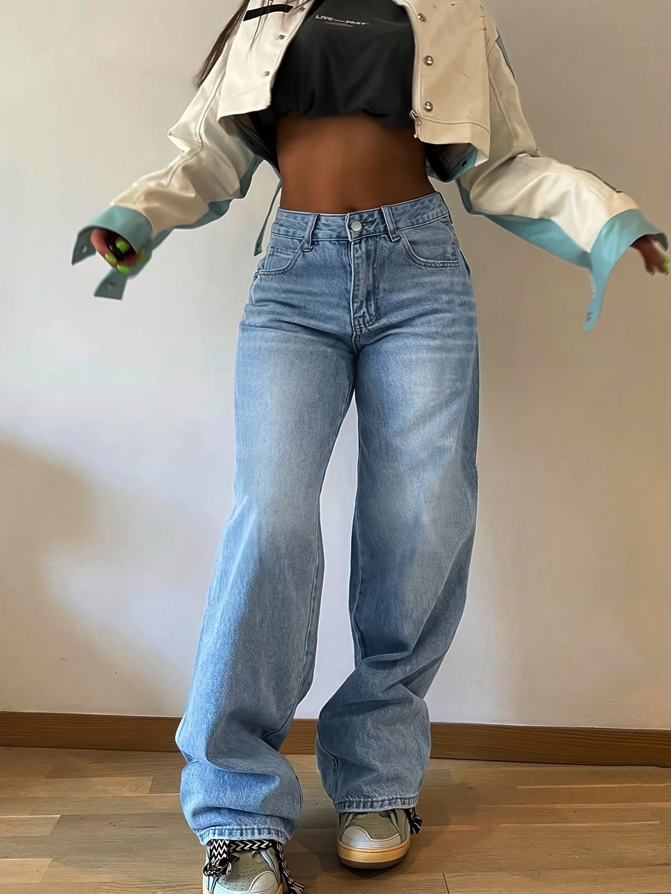 Women's Fashion Wide Leg Jeans, Casual High-Waisted Denim Pants with Pockets, All-Season Solid Color, Comfortable Slimming Design, 54.10% 35.10% Polyester 9.50% Viscose 1.30% Elastane