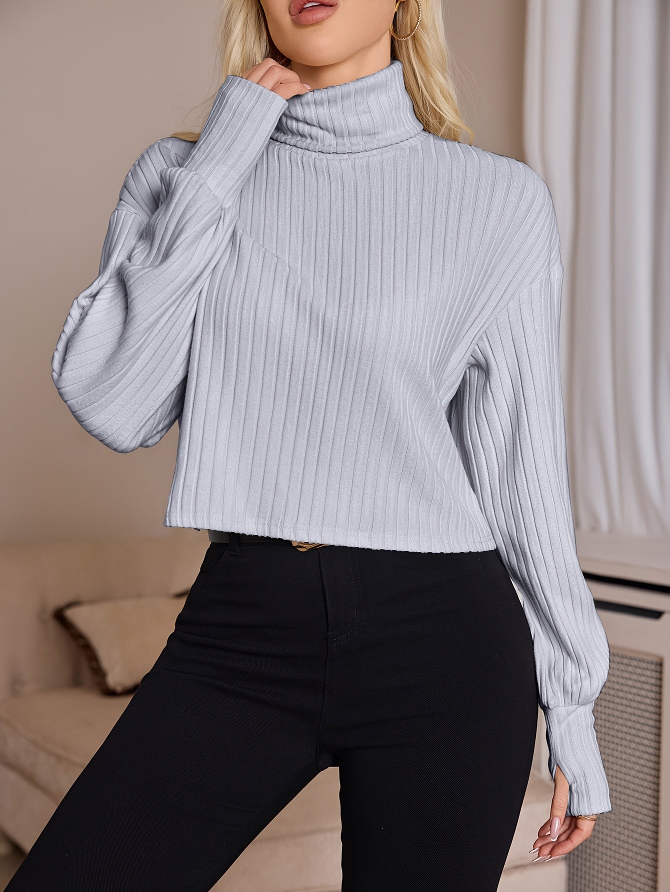Women'S High Neck Knit Turtleneck T-Shirt, Solid Color Polyester 95% Spandex 5% Blend, Short Length, Fall/Winter Collection, 210g/m² Knit Fabric