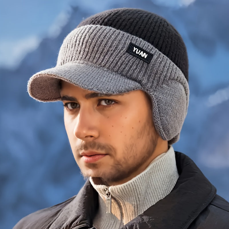 Men'S Winter Ear-Protecting Knitted Cap with Fleece, Warm Duckbill Hat for Outdoor Youth Cycling in a Color-Block Design.