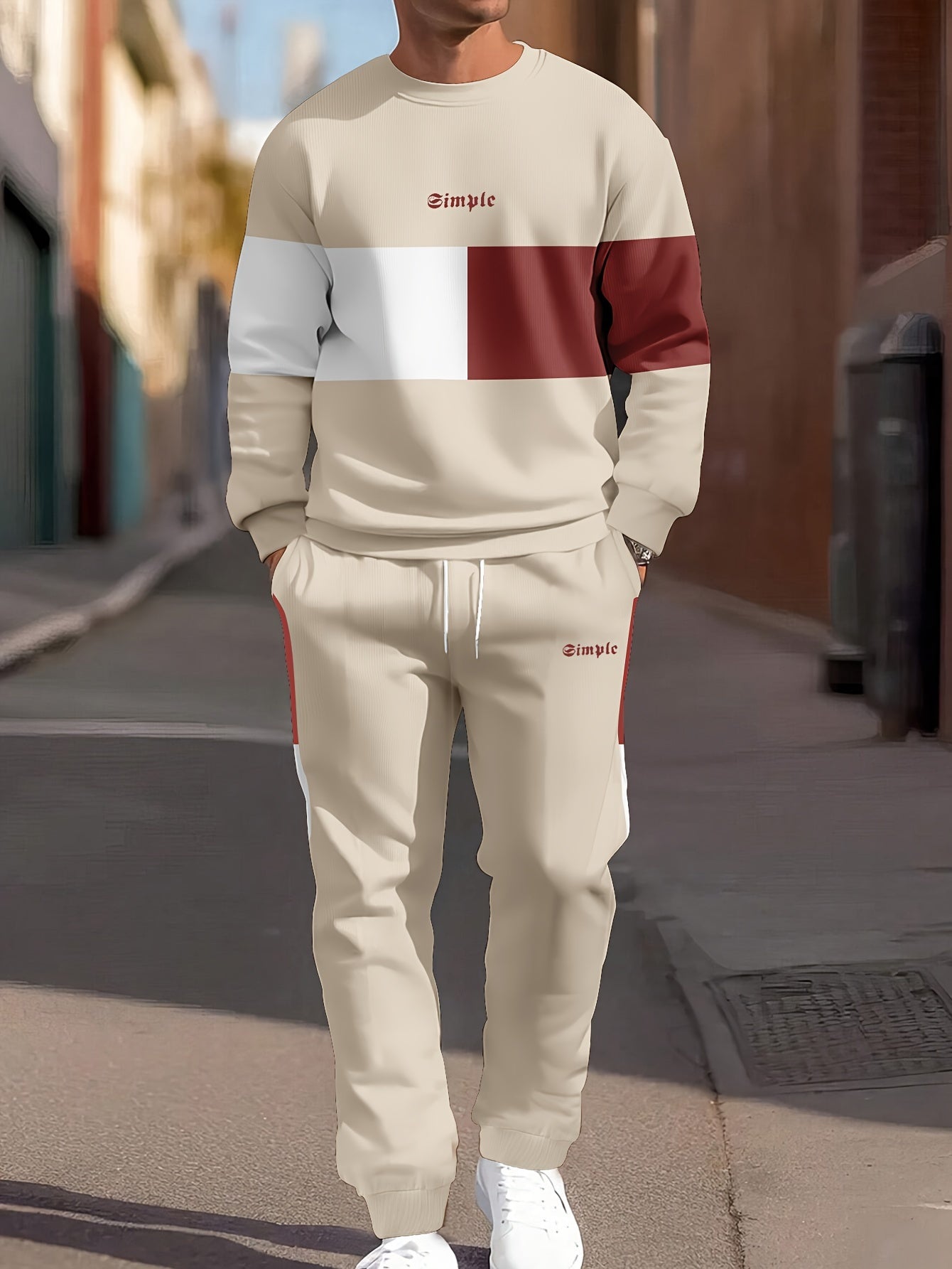 Men's Casual Crew Neck Sweatshirt & Joggers Set - Color Block, Polyester Blend, Machine Washable - Perfect for Spring/Fall, Leisure Style, Conventional Version, Spring/Autumn