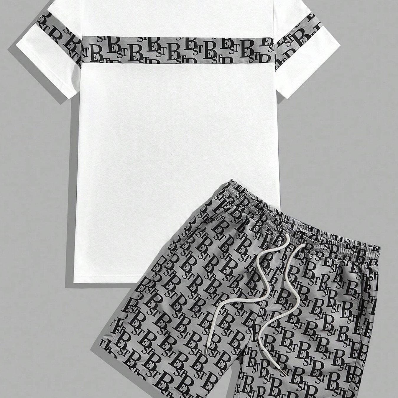 A fashionable letter print design T-shirt set, featuring a combination of round neck, short sleeves and shorts, is casual, simple, comfortable and soft. It is a two-piece set for Men's summer daily casual wear