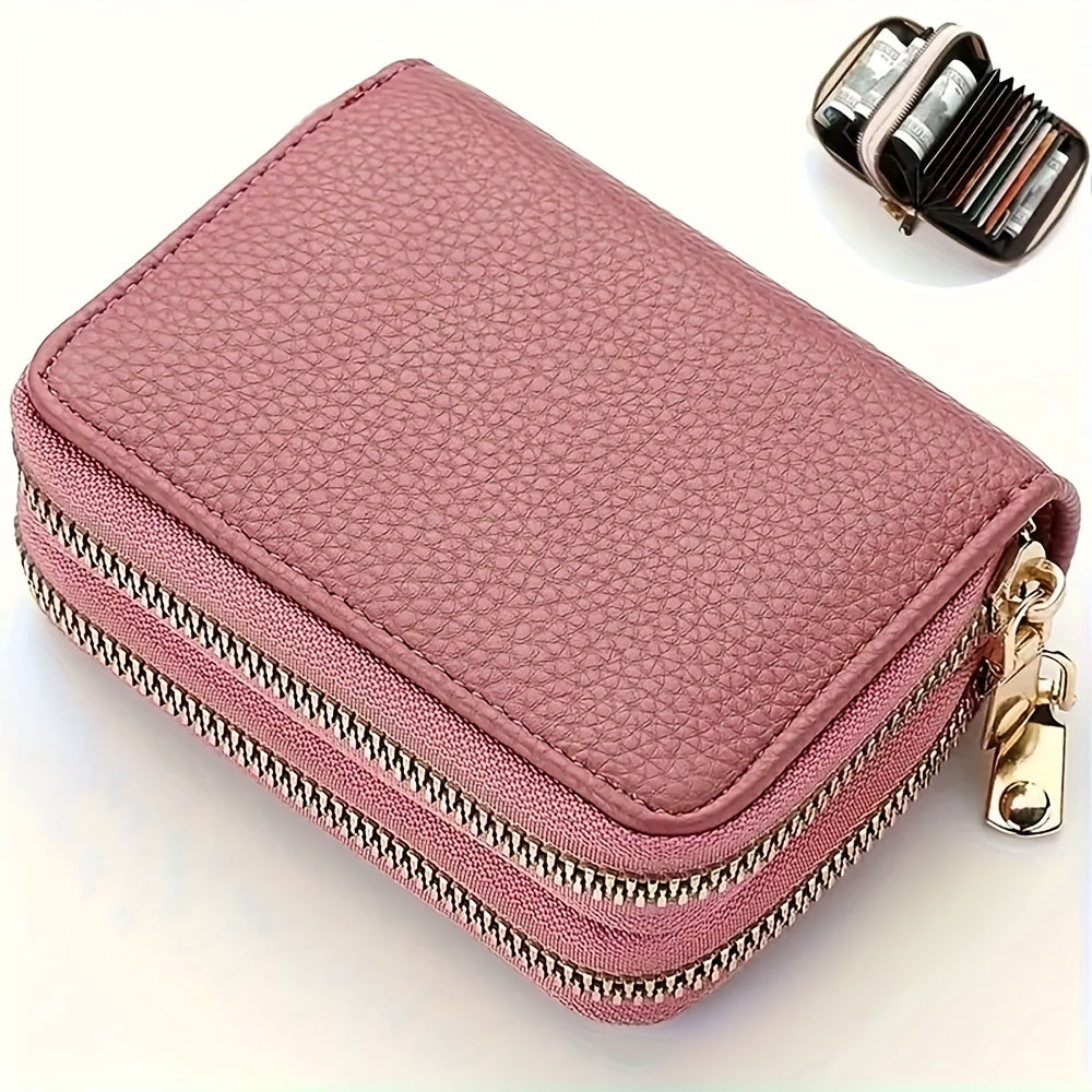 Fashion Double Zipper Wallet, Litchi Pattern Double Layer Short Credit Card Document Bag, Versatile Multicolor Coin Purse