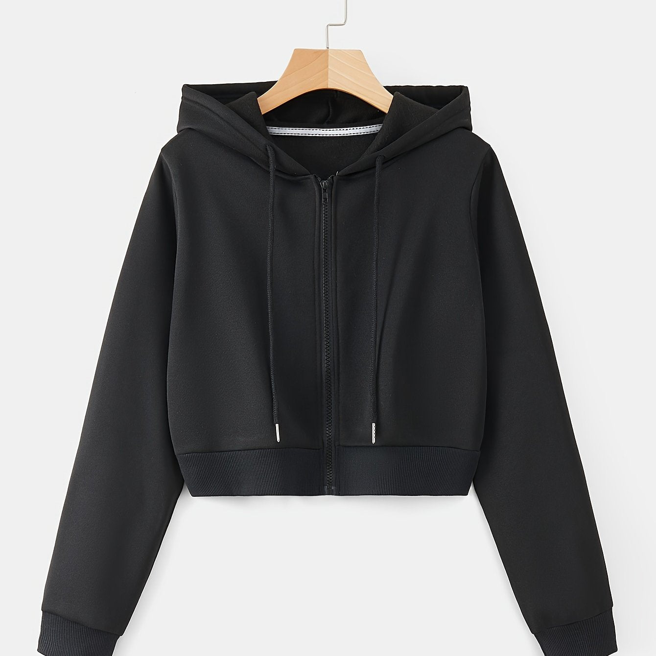 Zip Up Cropped Drawstring Hoodie, Casual Long Sleeve Sweatshirt For Spring & Fall, Women's Clothing