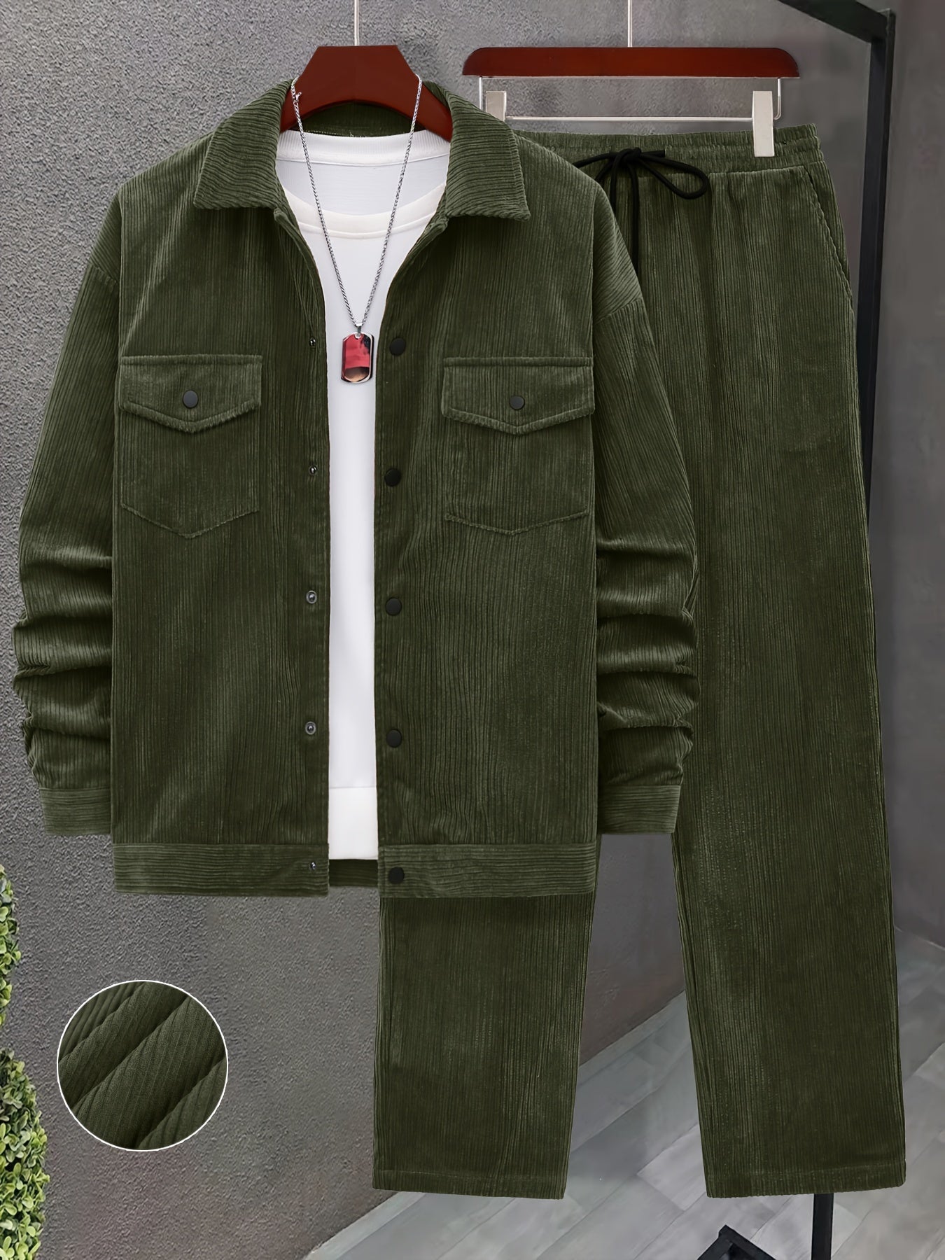 Men'S 2pcs Set of Woven Textured Fabric Work Bag Long Sleeve Jacket And Drawstring Casual Loose Pants Suit