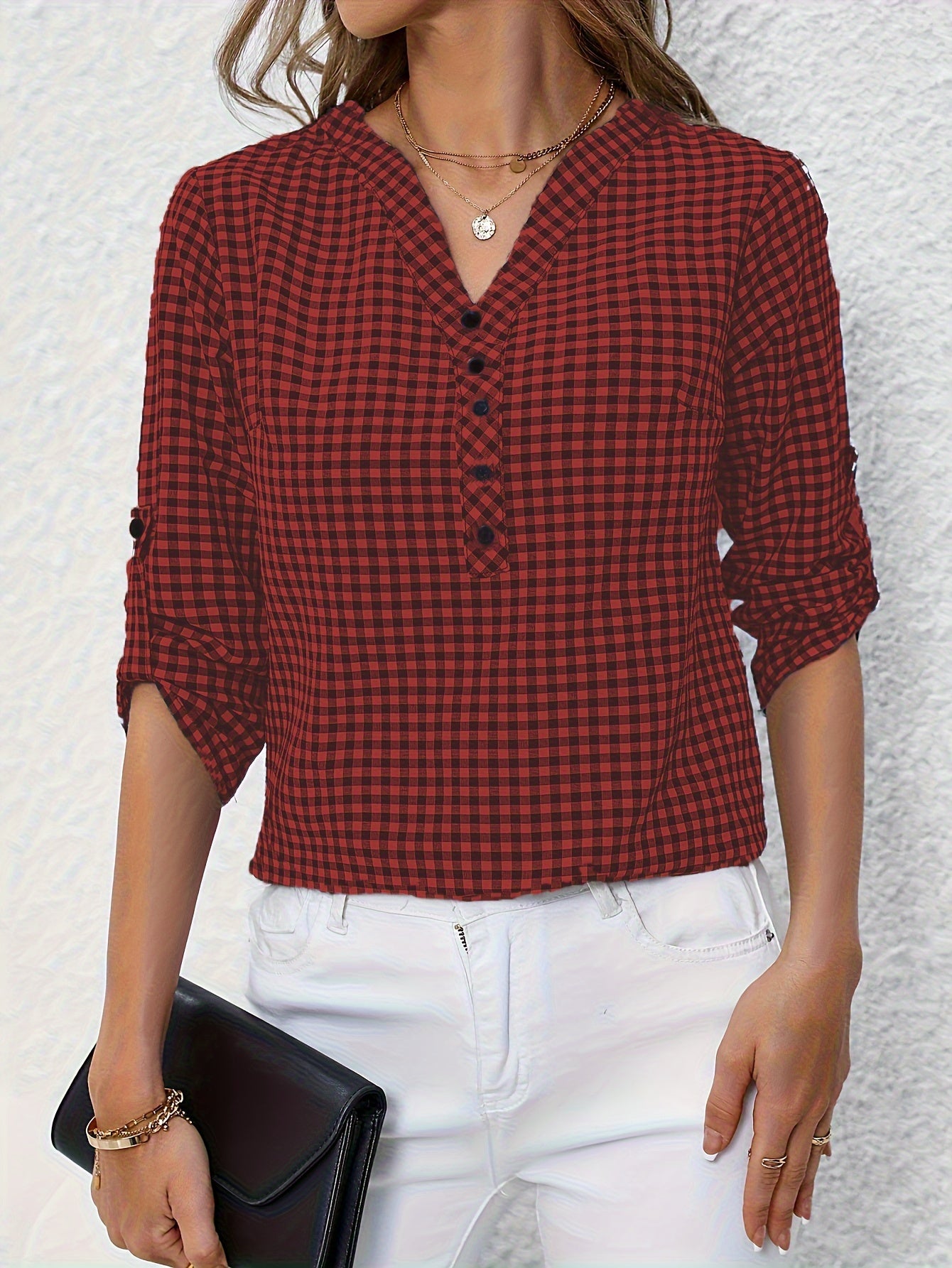 Women'S Casual Yellow & White Plaid Button-Up Shirt - Polyester, V-Neck, Long Sleeves, Casual Wear, Casual Wear|Plaid Pattern|Polyester Fabric