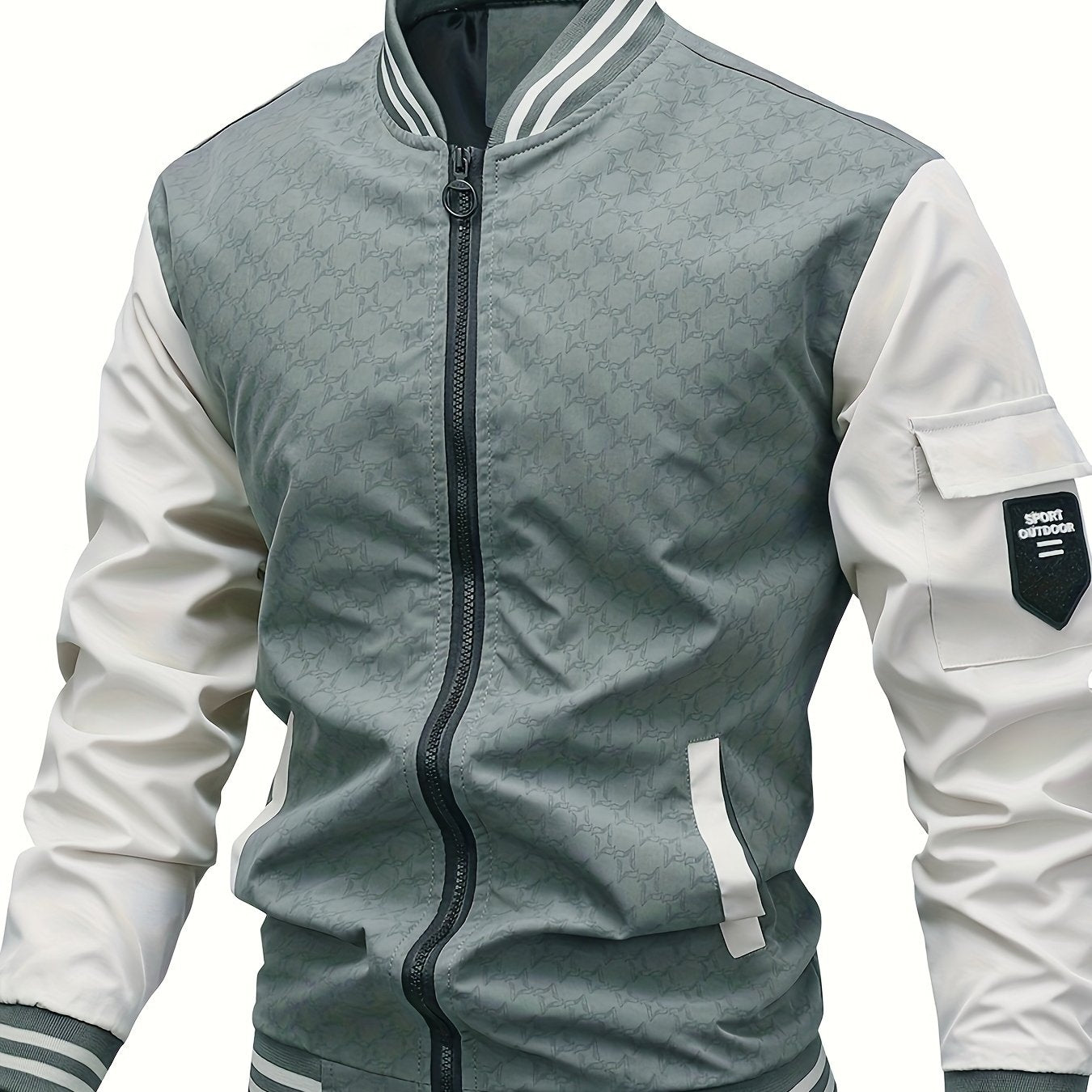 Men'S Lightweight Geometric Pattern Bomber Jacket - Casual Long Sleeve Zip-Up with Pockets, White & Gray, Polyester Lining, Perfect for Fall, Autumn Jacket