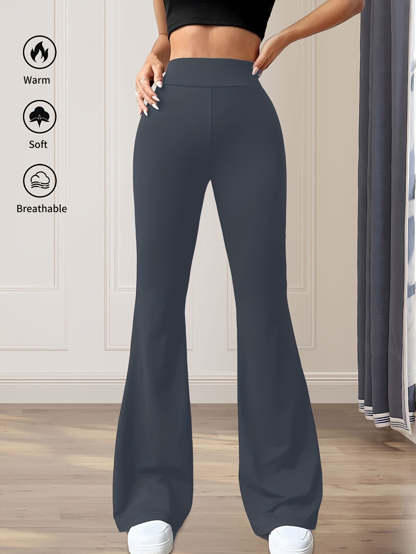High-Waisted Flared Leggings for Women - Stretchy Black Polyester Pants with Tummy Control, Slimming Fit, and Breathable Design for Spring/Summer/Fall Casual Wear, Spring Summer Leggings | Fitted Leggings | Elastic Waistband
