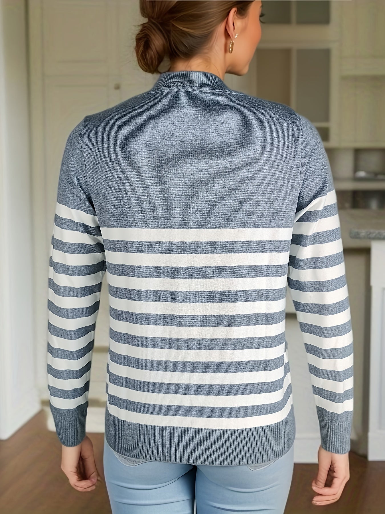Striped Crew Neck Pullover Sweater, Casual Long Sleeve Versatile Sweater, Women's Clothing