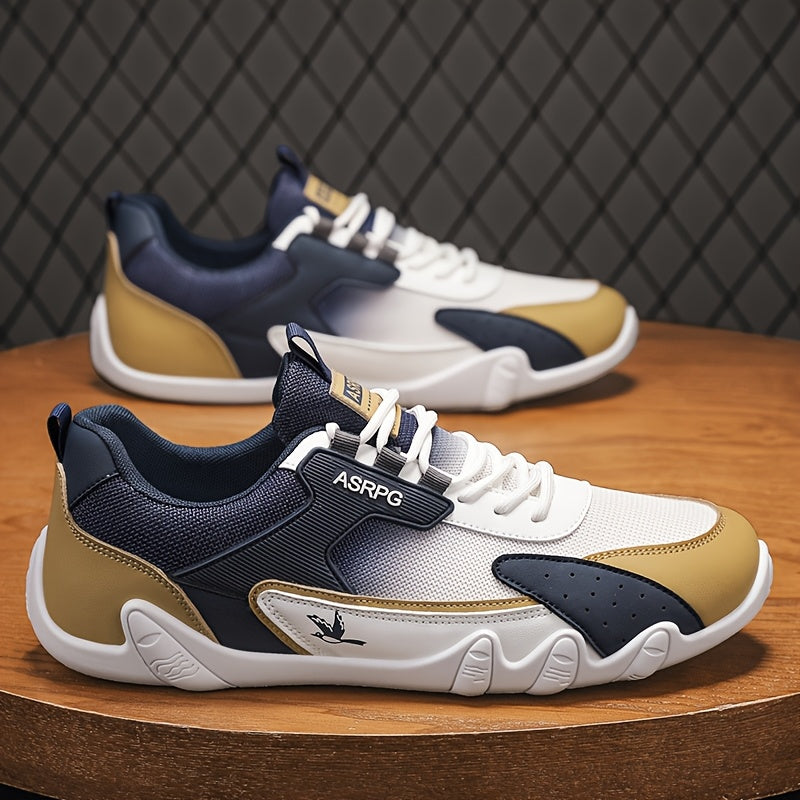 Men's Breathable Low-Top Casual Sneakers - Sporty Lace-Up Walking Shoes with Navy/White/Golden Accents, All-Season Outdoor & Everyday Comfort, Durable Fabric Upper & PVC Sole, Comfortable Footwear, Sleek Shoe Design, Lightwei