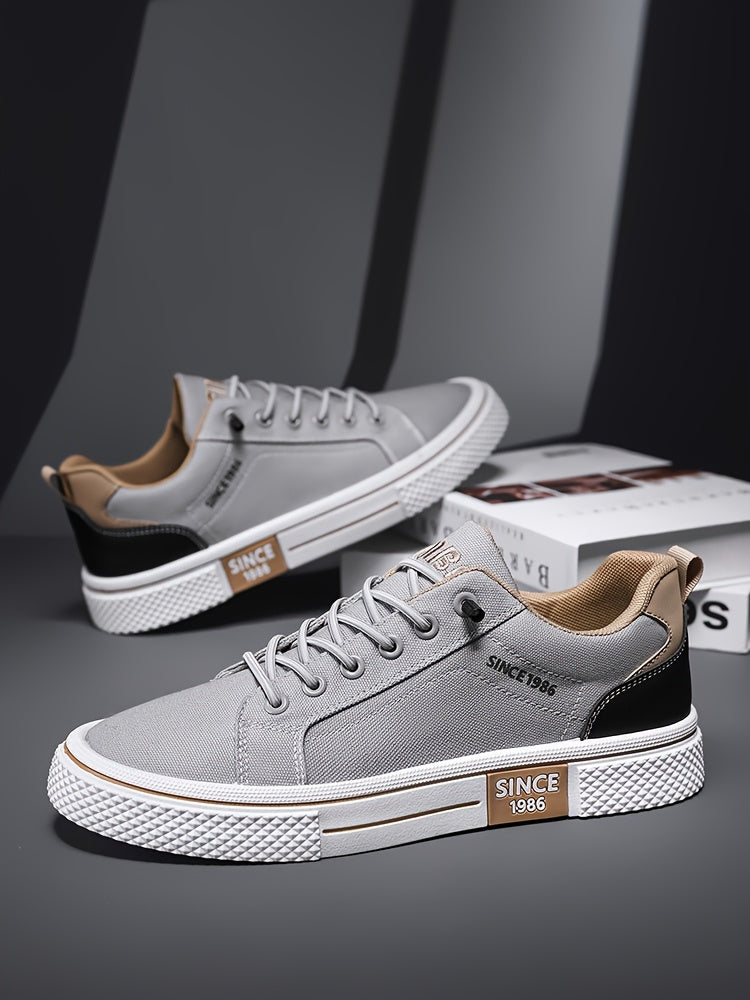 Men's Casual Low-Top Sneakers - Breathable Fabric & Durable PVC Sole, Black & Beige Contrast Design, Lace-Up Round Toe for All-Season Comfort, Versatile for Casual & Semi-Formal Wear, Comfortable Footwear, Fabric Upper