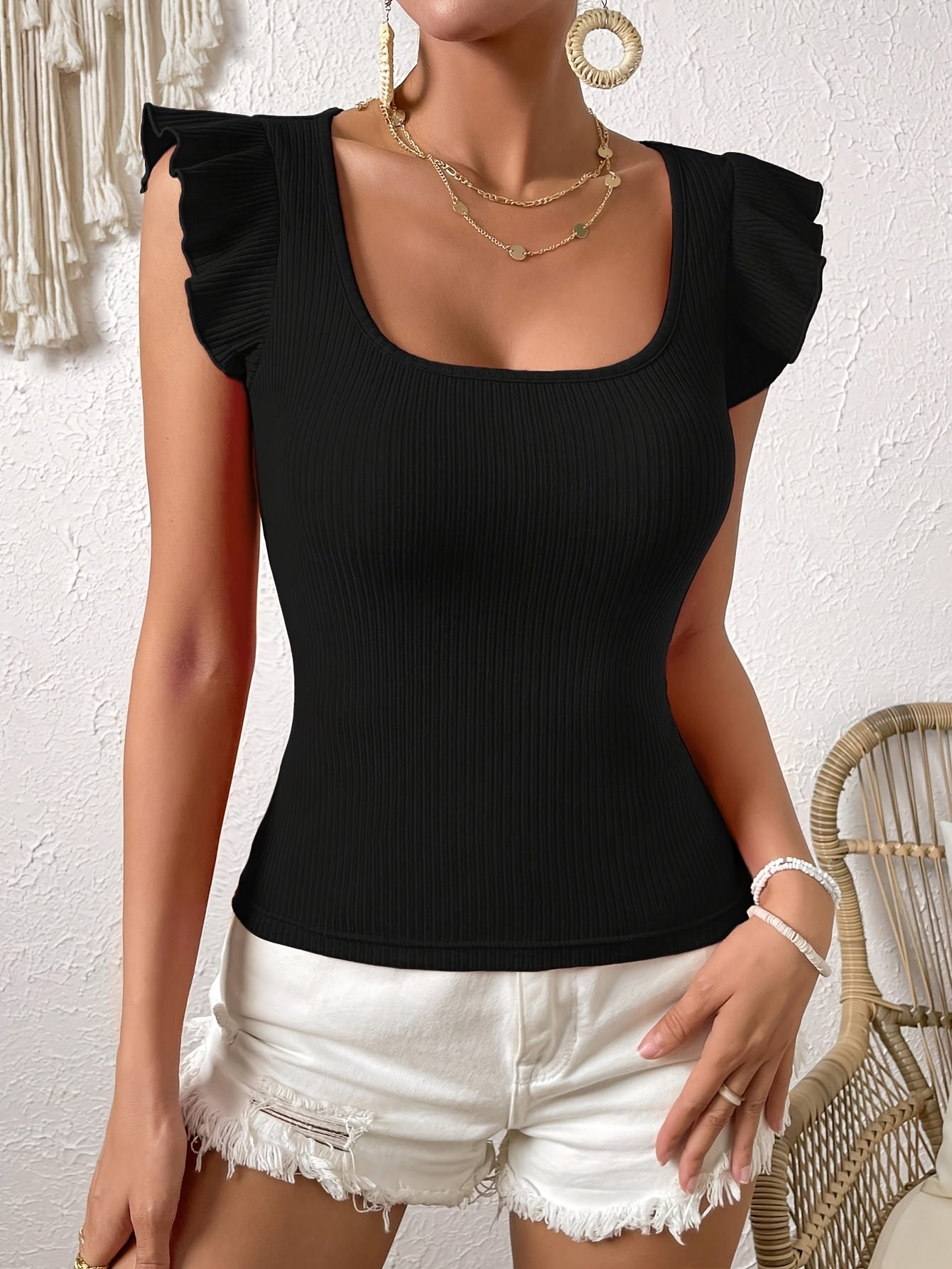Women'S Elegant Ruffle Square Neck T-Shirt, Solid Color Knit Polyester Top, Medium Stretch Skinny Fit, Regular Length Casual Tee for Spring/Summer