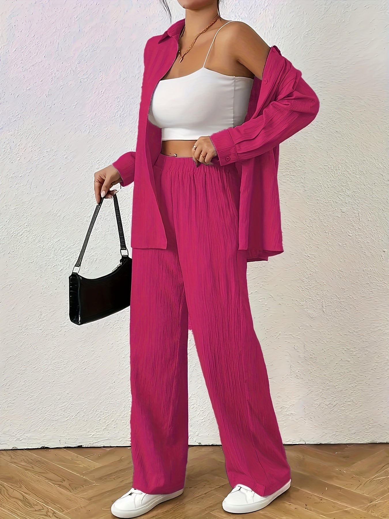 Women'S Casual Solid Color Long Sleeve Shirt + Long Pants 2pcs Set for Spring And Autumn.