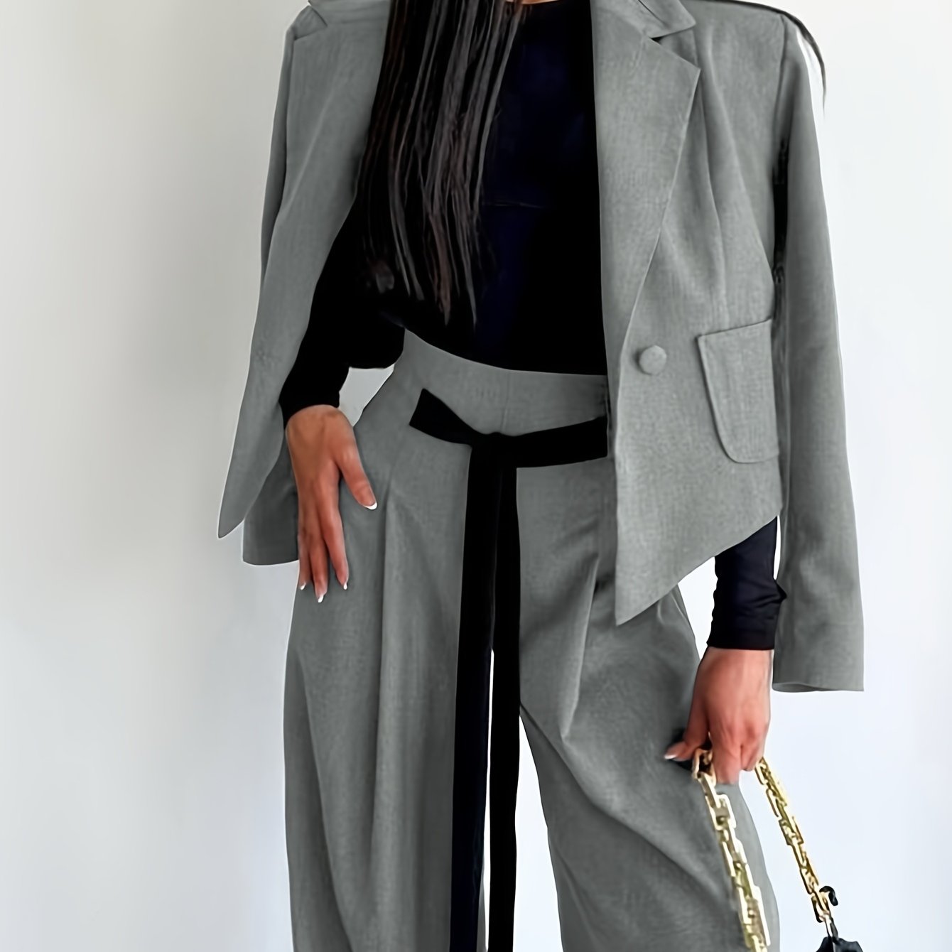 BK052044 Elegant Suit Jacket and Waist-Tie Loose Straight-Leg Wide-Leg Pants Women's Two-Piece Suit