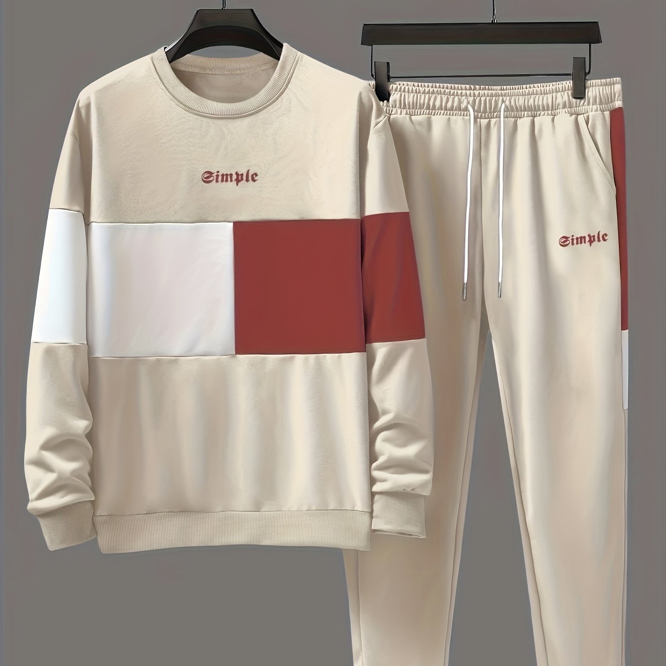 Men's Casual Crew Neck Sweatshirt & Joggers Set - Color Block, Polyester Blend, Machine Washable - Perfect for Spring/Fall, Leisure Style, Conventional Version, Spring/Autumn
