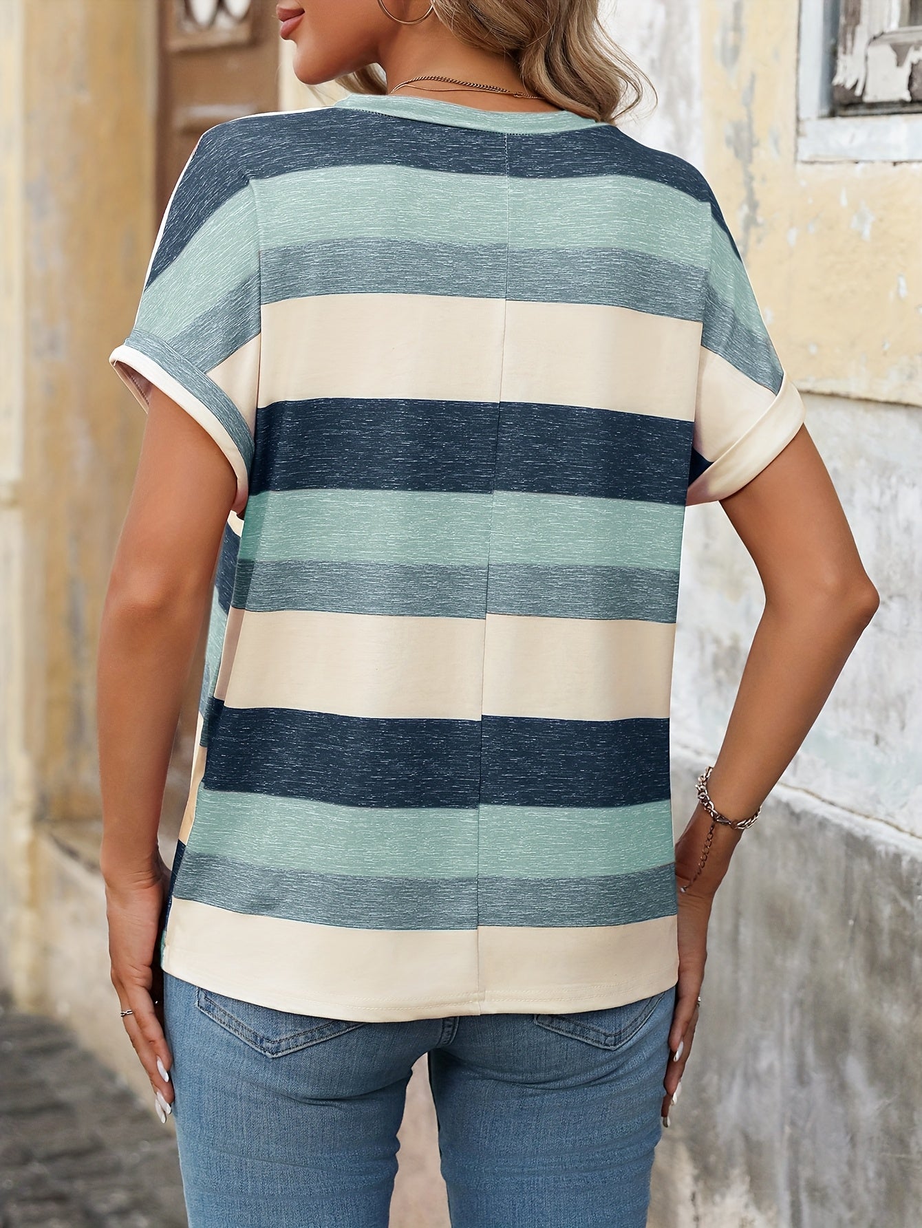 Women's Elegant Knit Striped Short Sleeve T-Shirt - Red & White Stripes on Navy Blue, 95% Polyester 5% Elastane Blend, Lightweight 180gsm Summer Casual Top, Machine Washable