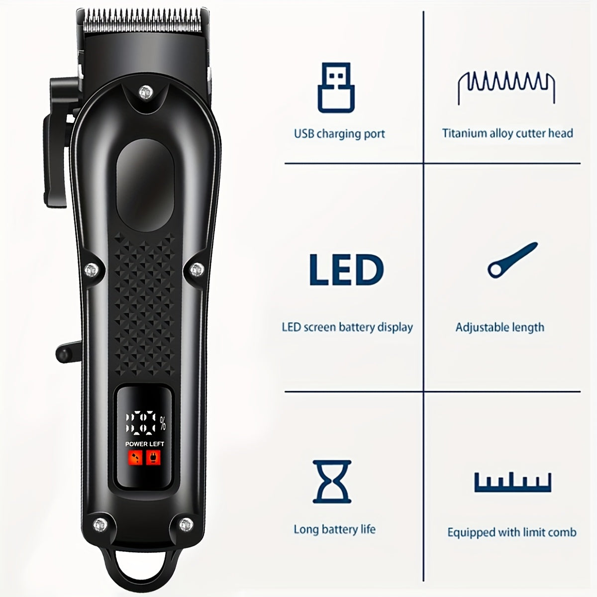 USB Rechargeable Electric Hair Clippers | Professional Home Barber | Portable Hair Trimmer | Black Design | Stylish Hair Cutting Tool | Modern Hair Clipper | Compact Hair Trimmer