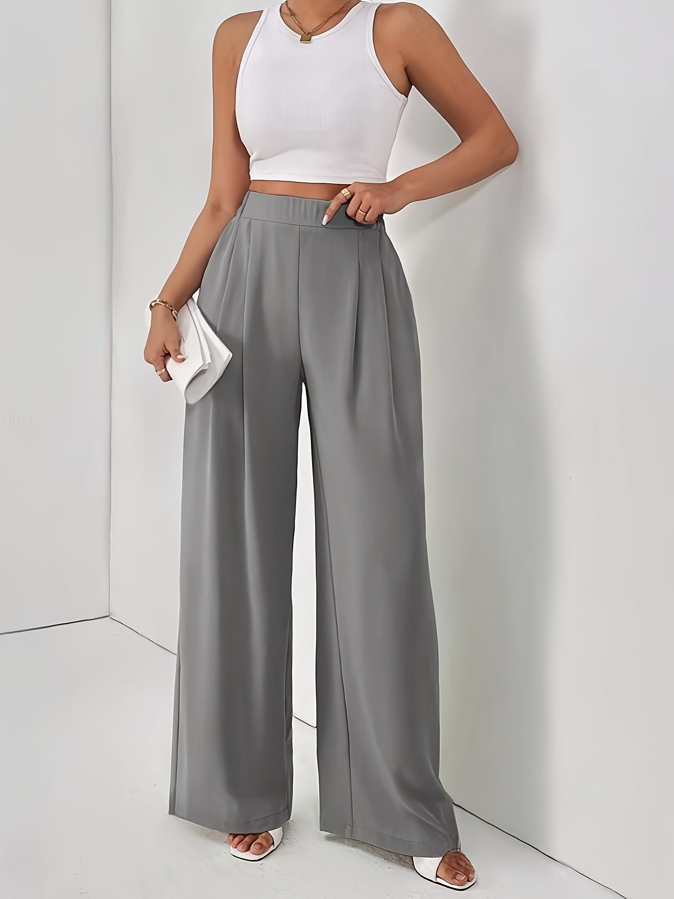 Women'S Stylish Gray Wide Leg Pants with Elastic Waistband and Double Pockets - Perfect for Office, Commuting, or Casual Wear