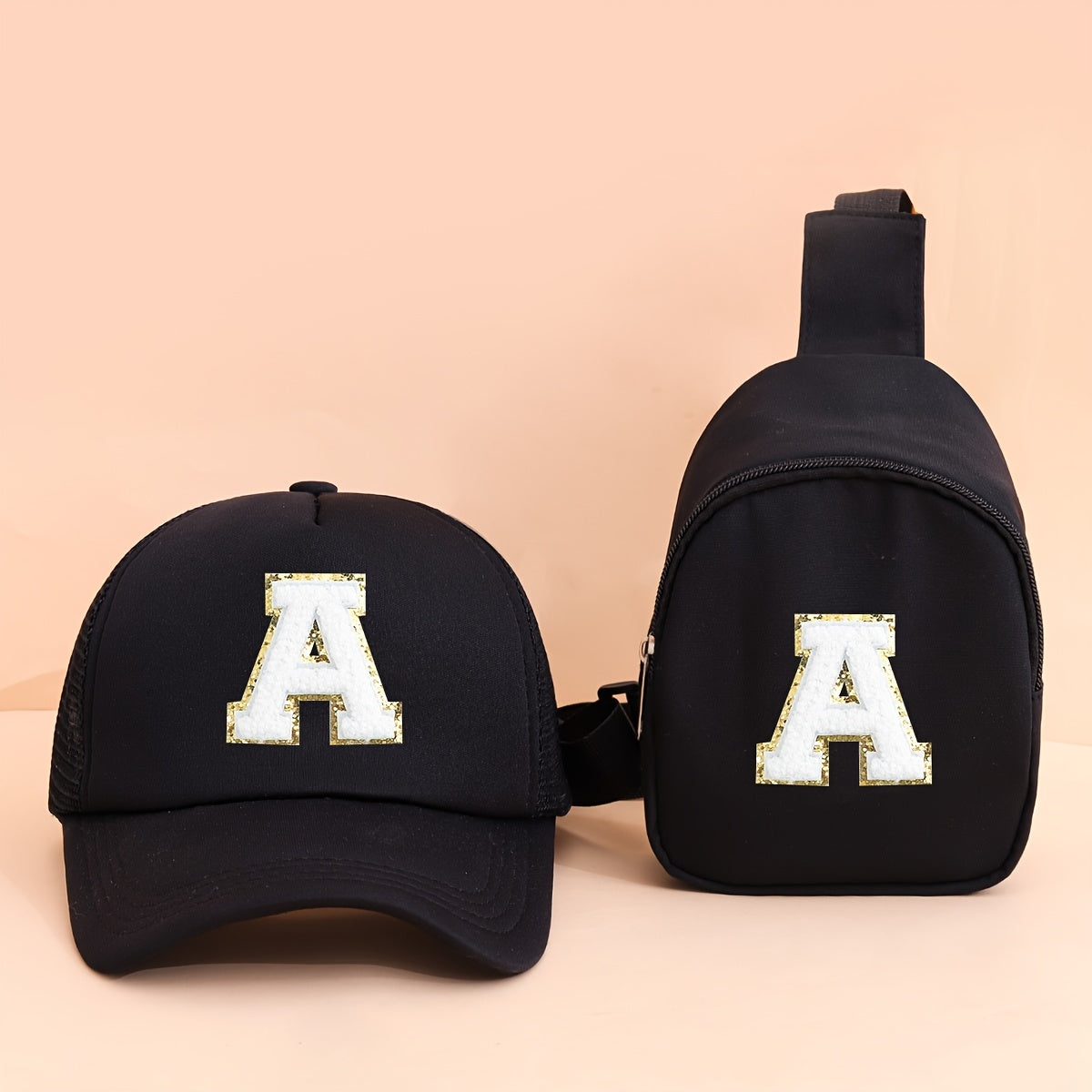 2pcs Kids' Printed Alphabet Pattern Set, Includes 1 Black Stylish Breathable Trucker Hat and 1 Black Crossbody Bag, Lightweight Sun Hat with Small Coin Purse, Suitable for Boys and Girls Aged 5-10 for Daily Outings and Back-t