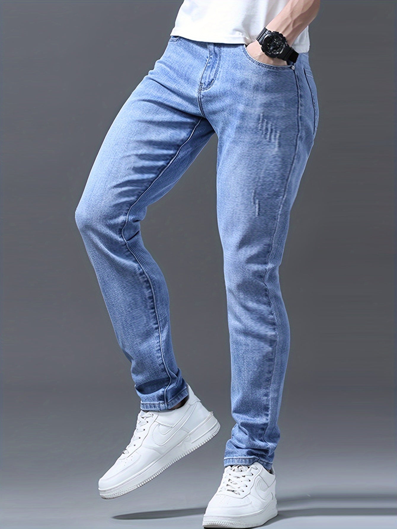 Men's Slim-Fit Stretch Denim Jeans - Light Blue, Versatile for All Seasons