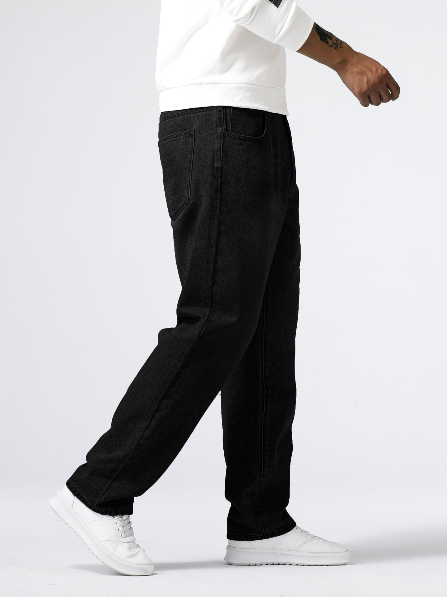 Men'S Loose Fit Straight Leg Jeans, Cotton 85% Polyester 15% Denim, Washed Solid Color Casual Style