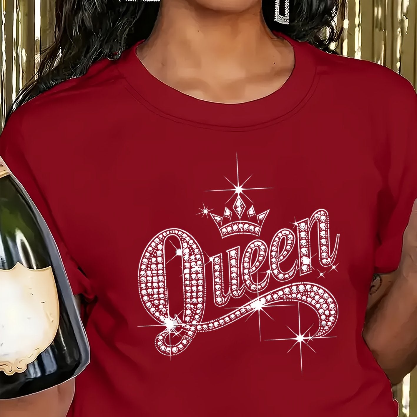 Sparkling Rhinestone Queen Crown Graphic Casual T-Shirt - Vibrant Orange Short Sleeve Round Neck Top with Medium Stretch, Machine Washable for Casual Attire & Parties, Cute T Shirts, Allseason Apparel, Party Wear, Mediumstret