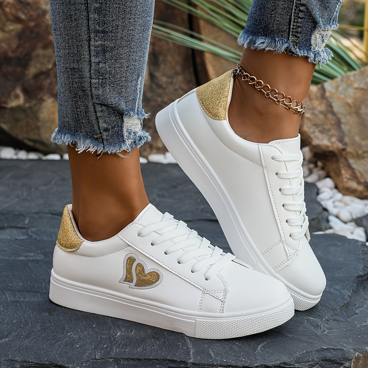 Women'S White Faux Cover Casual Sneakers - Low-Top Lace-Up Shoes with Heart Design, Rubber Sole, All-Season Comfort, Casual Footwear | Heart Detail Shoes | Synthetic Cover Sneaker
