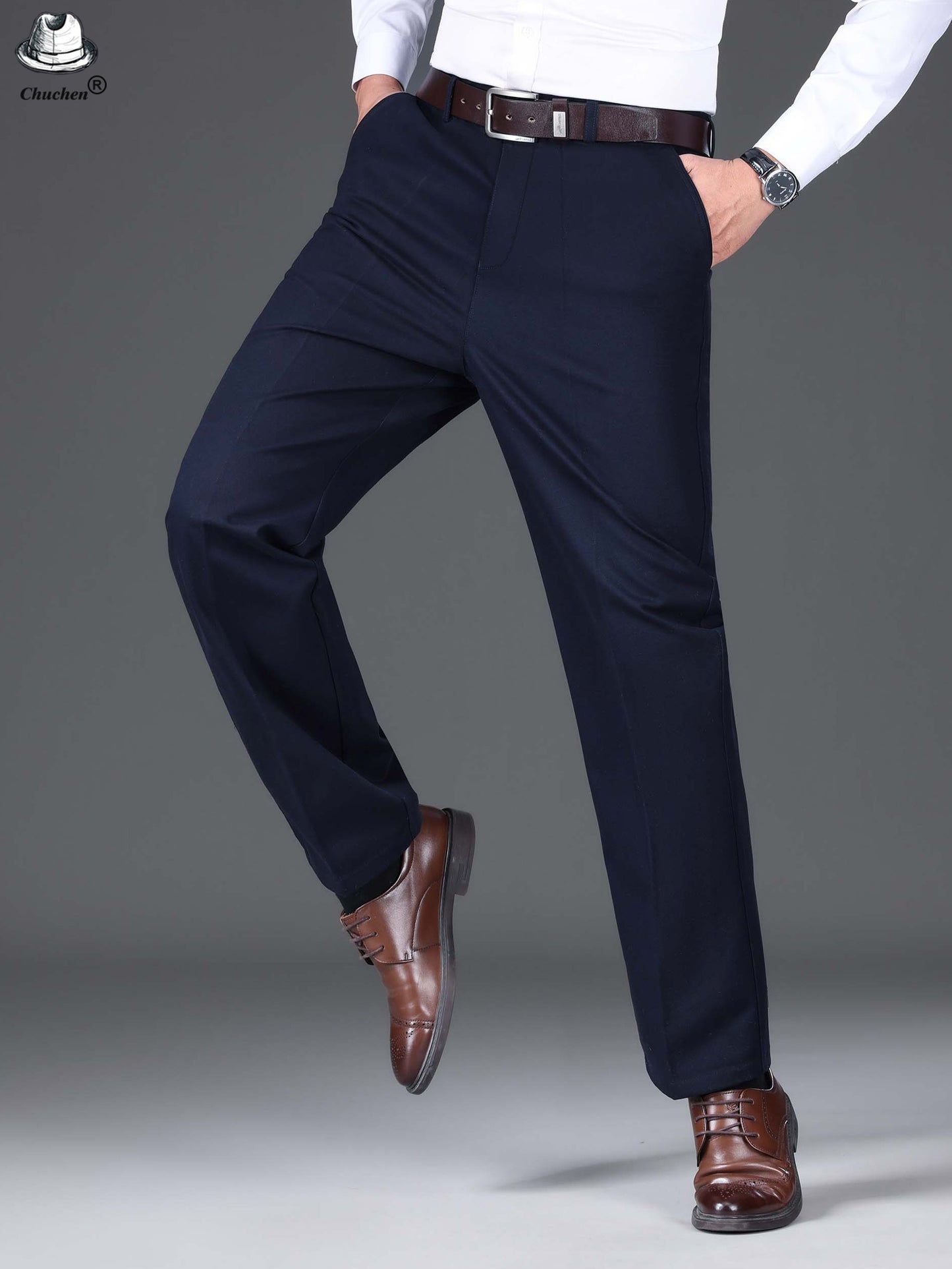 1pc Classic Fit Men'S Dress Pants - 100% Cotton, Solid Color, Non-Stretch, Regular Length, for Autumn/Winter - Business Casual Style