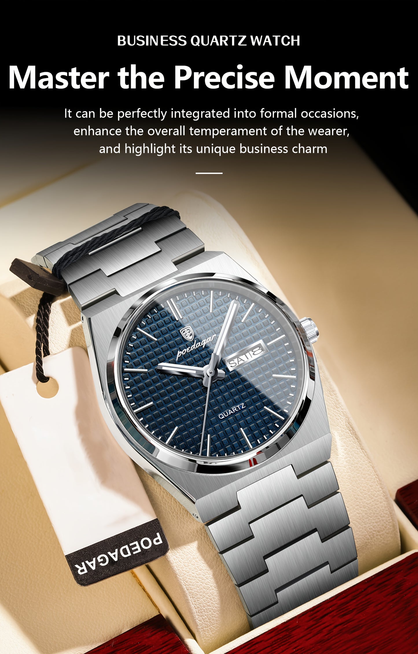 POEDAGAR Elegant Women'S Quartz Watch, Luminous Calendar, Stainless Steel Band, Round Alloy Case, Fashionable Night-Glowing Dial with Blue & Orange Accents