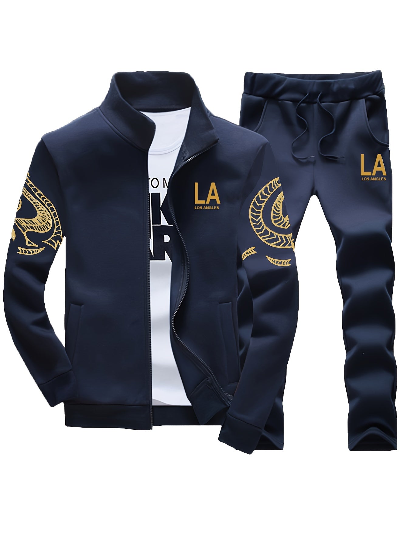 Men's Casual Print Sweatshirt & Joggers Set - Polyester, Stand Collar, Zip-Up Jacket for Spring/Fall