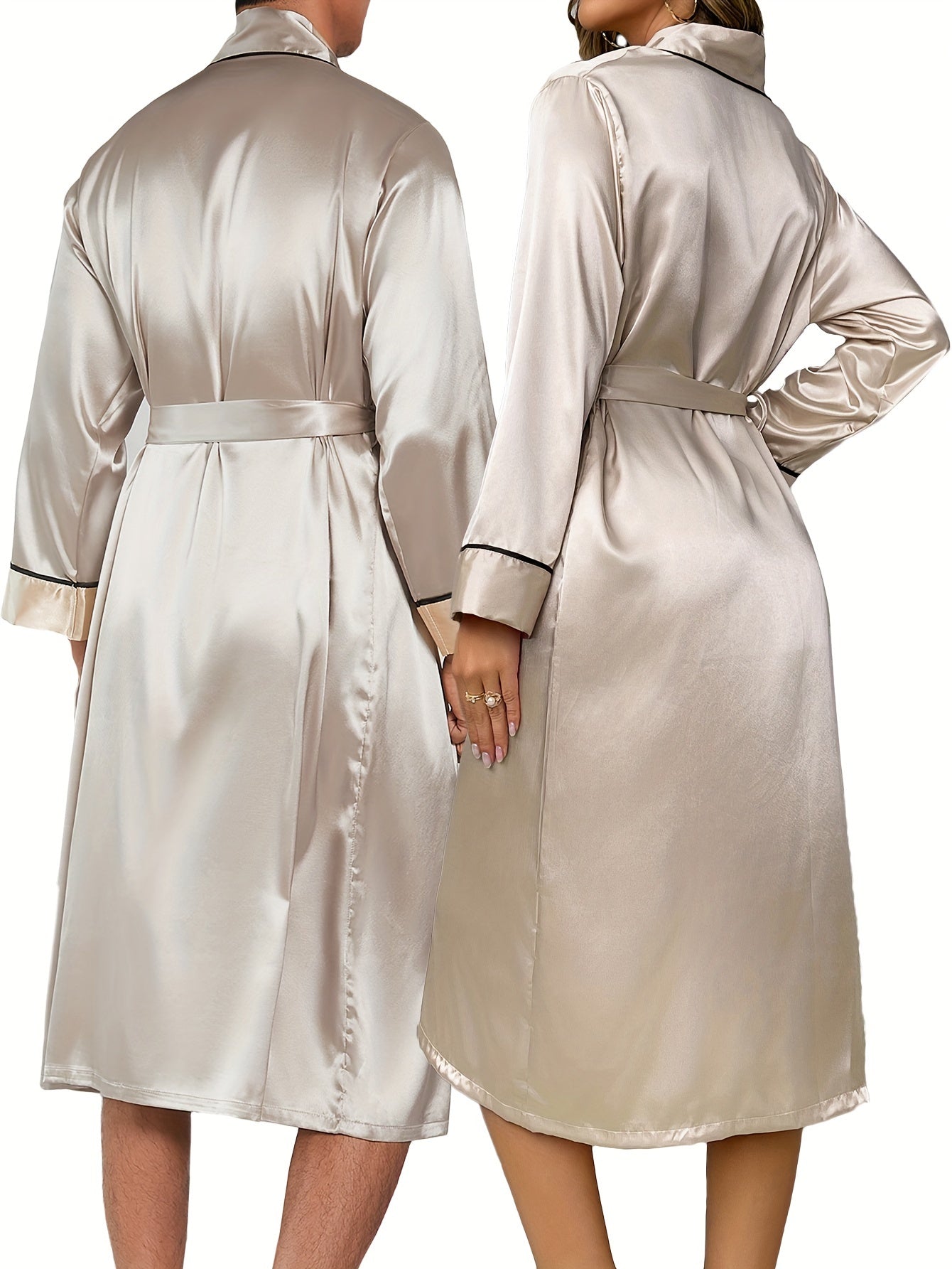 Set of Two Long, Stylish And Simple Autumn-Winter Couple'S Robes with Ties, Featuring a Sexy Open Cardigan Design for Women'S Loungewear.