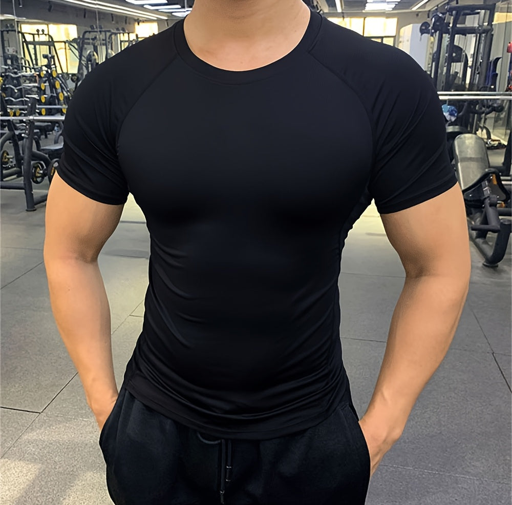 Men's Quick-Dry Athletic T-Shirt - Stretchy, Breathable Polyester, Short Sleeve, Round Neck, Black, Gym & Running Workout Essential, Sports Clothing | Sleek Athletic Tee | Breathable Fabric, Workout Clothes