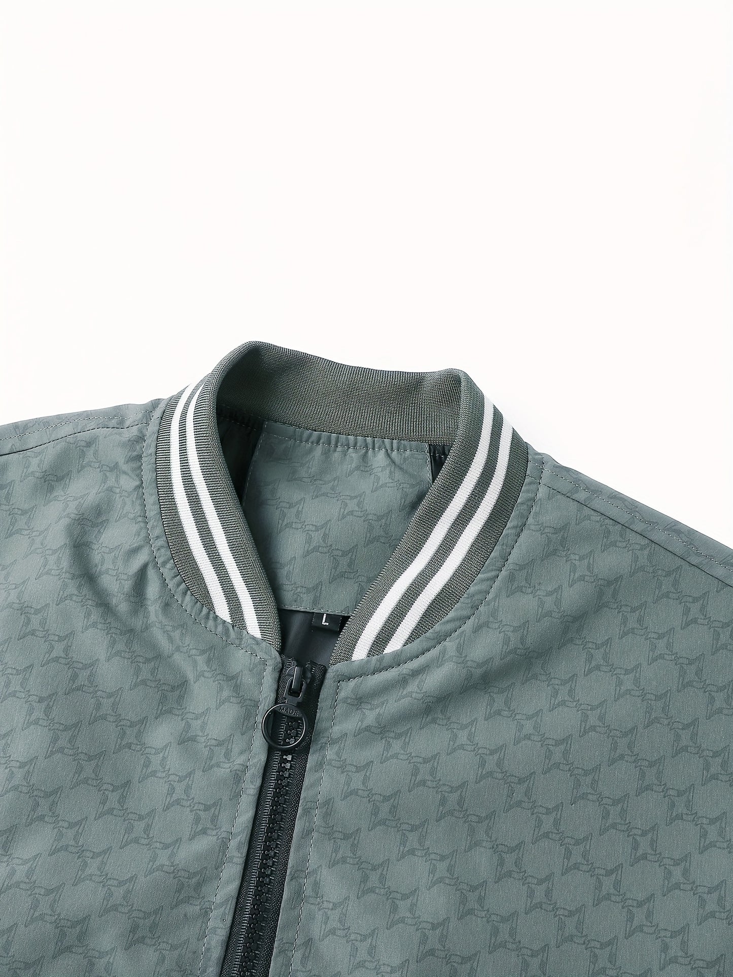Men'S Lightweight Geometric Pattern Bomber Jacket - Casual Long Sleeve Zip-Up with Pockets, White & Gray, Polyester Lining, Perfect for Fall, Autumn Jacket