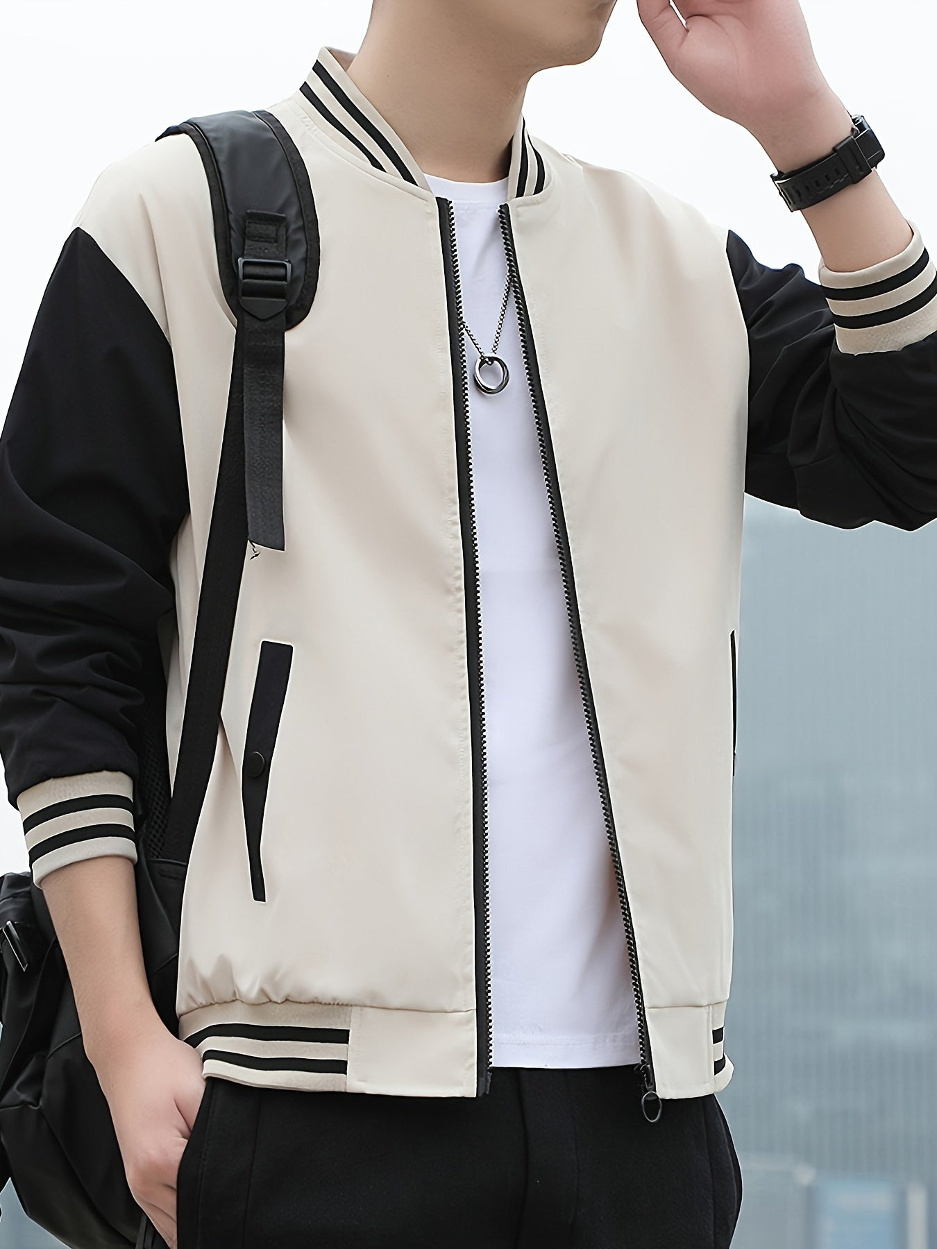 Men'S Lightweight Geometric Pattern Bomber Jacket - Casual Long Sleeve Zip-Up with Pockets, White & Gray, Polyester Lining, Perfect for Fall, Autumn Jacket