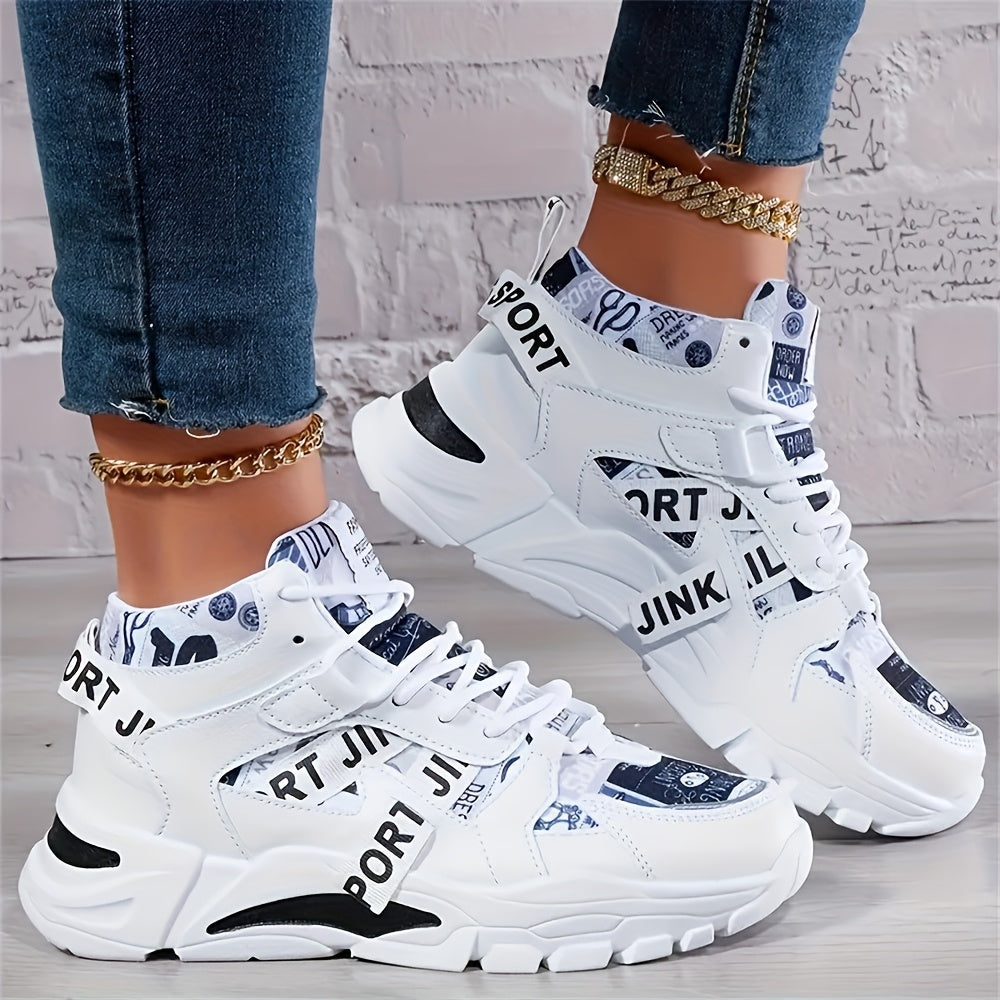 Women'S Comfortable Geometric Patterned Sports Shoes - Lightweight, All-Season, Mid Top, Lace Up, Plain Toe, Polyurethane Upper, Fabric Inner and Insole, MD Sole, Random Printing