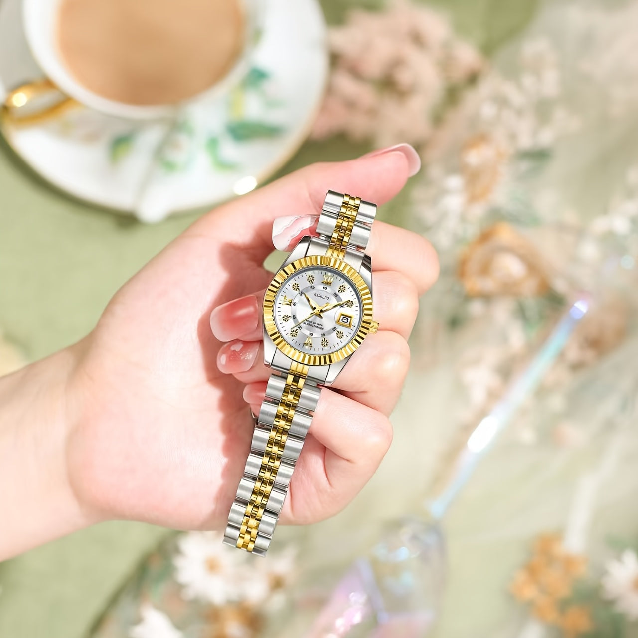 KASRLUO Elegant Women's Quartz Watch - Luminous Date, Stainless Steel Band, Precise Movement with Moon Phase Calendar, Timepiece
