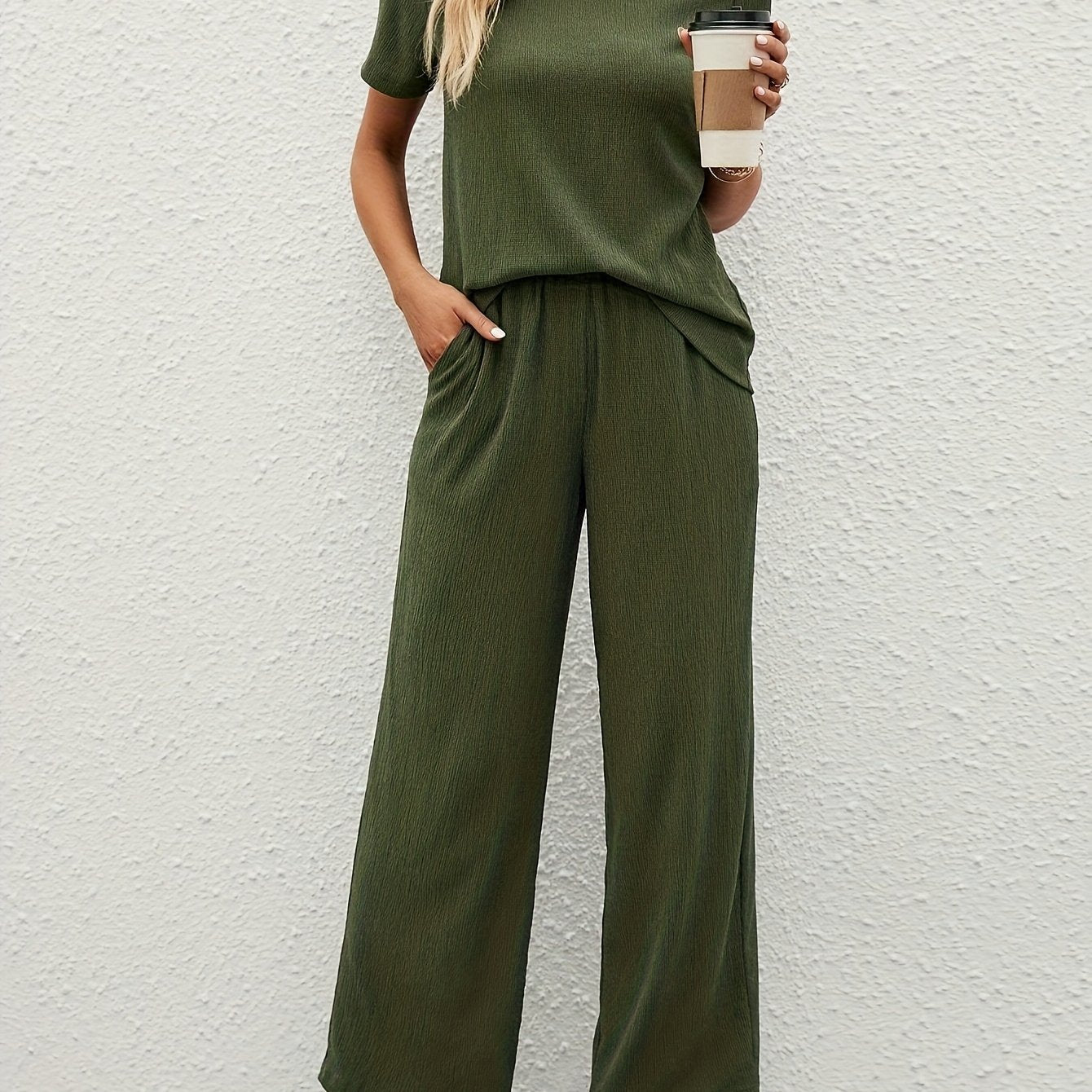 Women'S Olive Green Casual T-Shirt and Wide-Leg Pants Set - Solid Color, Loose Fit, Short Sleeve Top with Ruched Detail, High-Waisted Wide-Leg Pants, Perfect for Spring/Summer, Casual Attire|Ruched Detail Top|Comfortable Fit