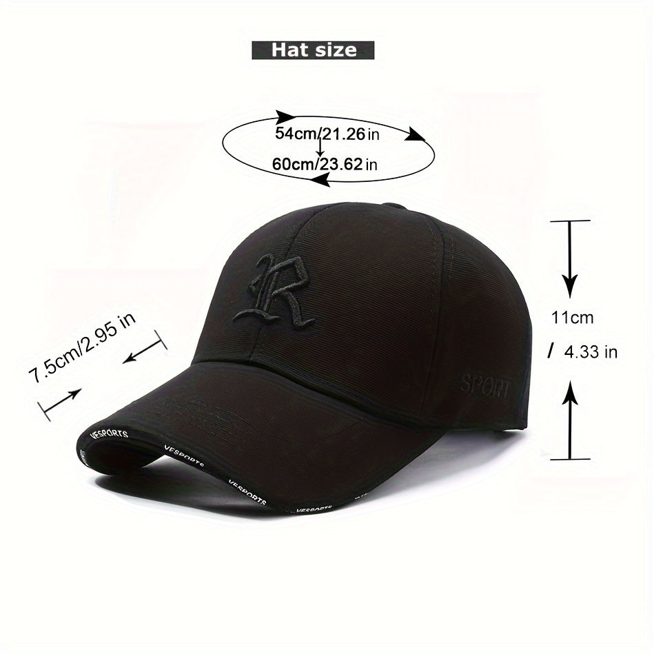 "R" Embroidered Baseball Cap - Sleek Black Dad Hat with Curved Brim, Comfortable & Breathable, Ideal for Outdoor Activities, One Size Fits All