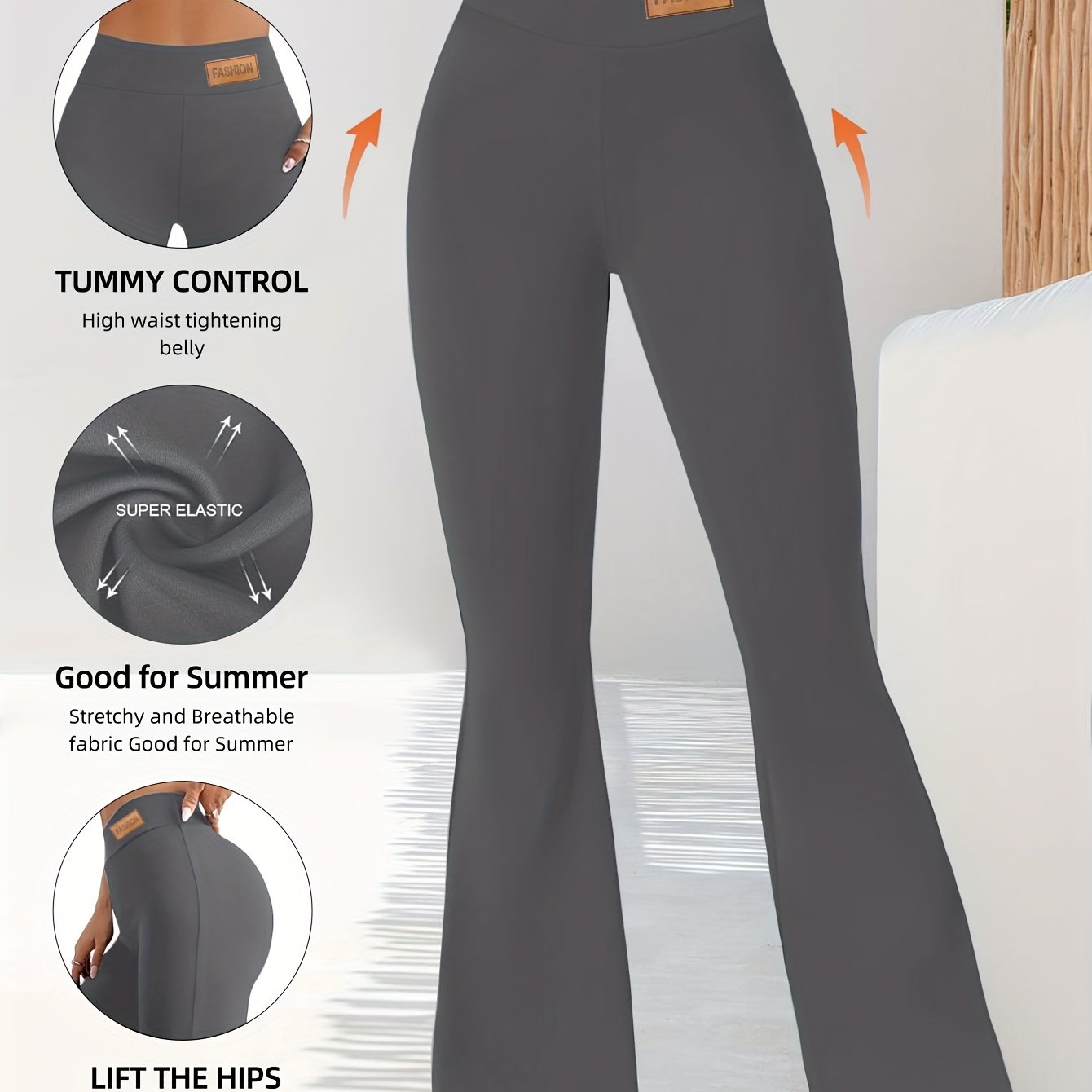 High-Waisted Flared Leggings for Women - Stretchy Black Polyester Pants with Tummy Control, Slimming Fit, and Breathable Design for Spring/Summer/Fall Casual Wear, Spring Summer Leggings | Fitted Leggings | Elastic Waistband
