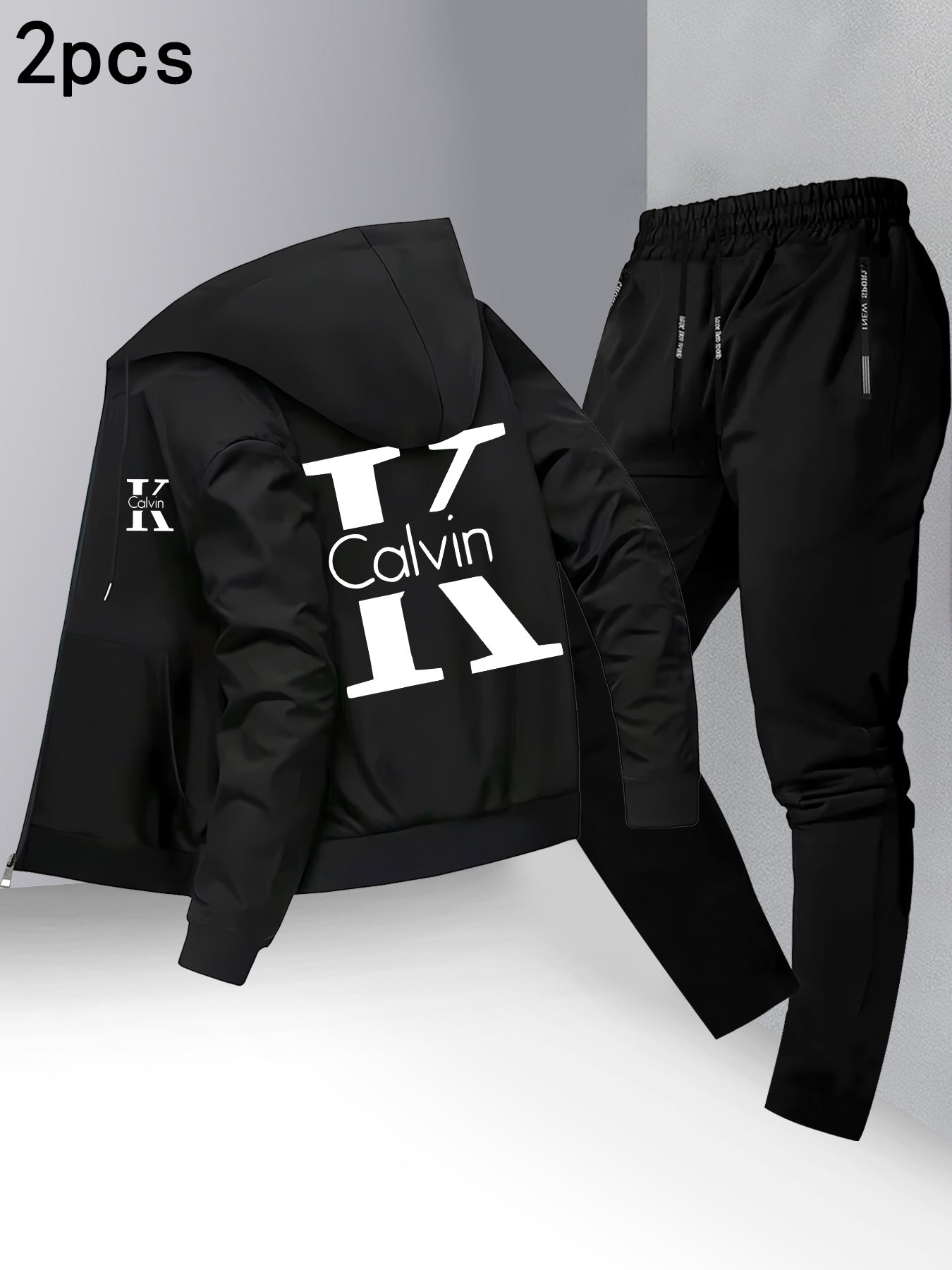Men's Trendy Autumn/Winter Hooded Jacket and Shirt Two-Piece Set with CK Print, Casual Business Outfit, Youth Leisure Baseball Uniform Stand Collar Suit