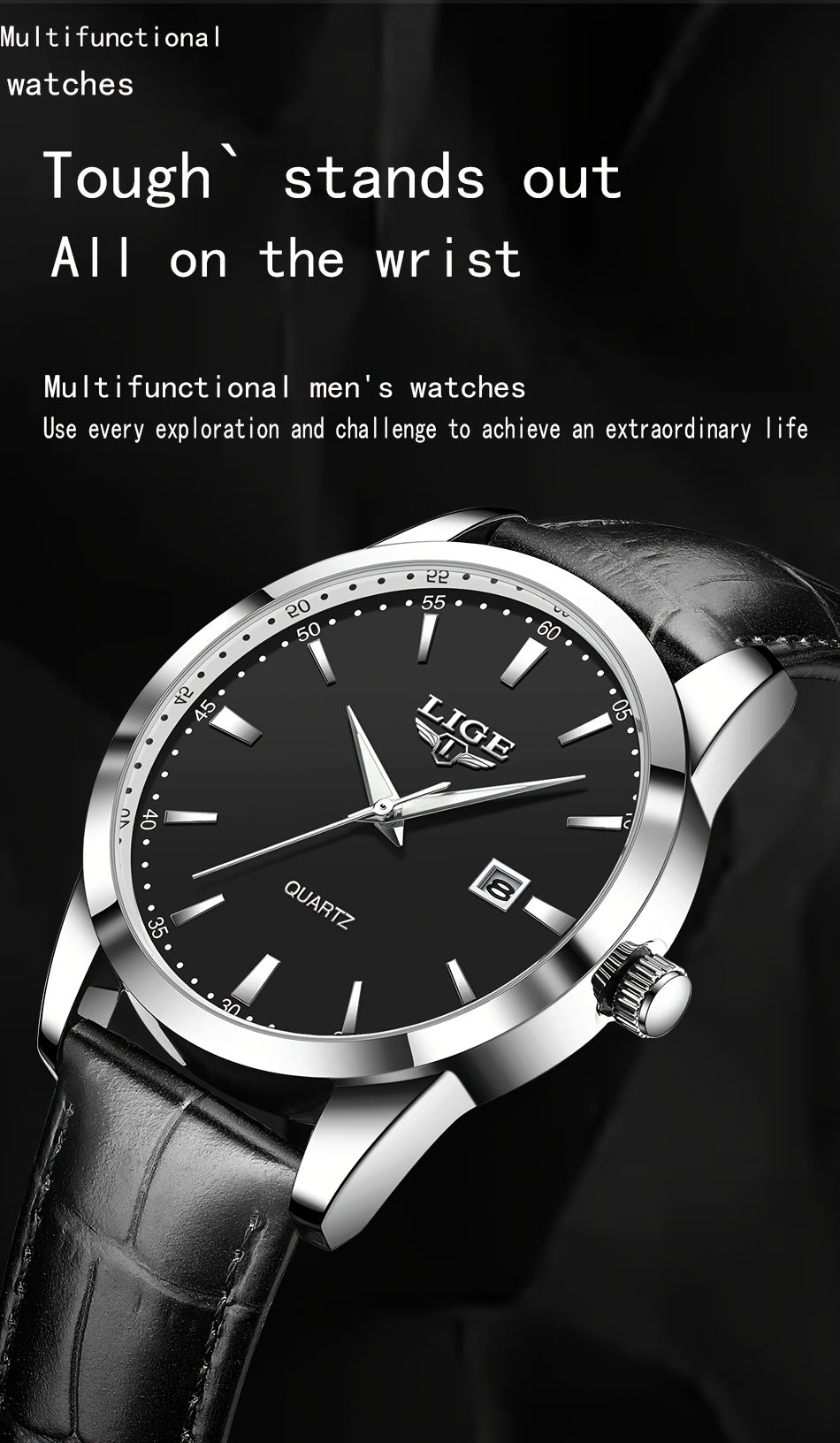 A Stylish Timepiece By LIGE Featuring A Blend Of Business And Casual Design, With A Faux Leather Strap, Alloy Case, And A Non-rechargeable Battery.