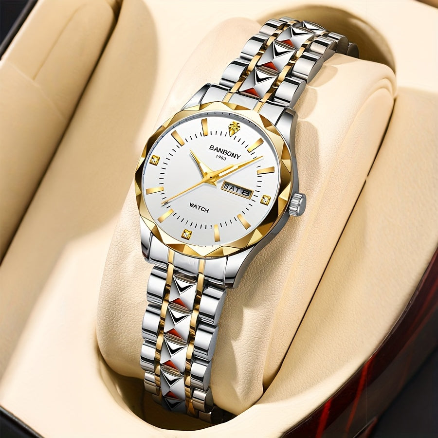 1pc BANBONY Women's Stainless Steel Quartz Watch with Rhinestone Accents, Scratch-Resistant Luminous Dial, IPX7 Waterproof, Week Calendar Display, Blue Dial & Golden-Tone Case - Luxury Casual Sports Watch for Birthdays, Holid