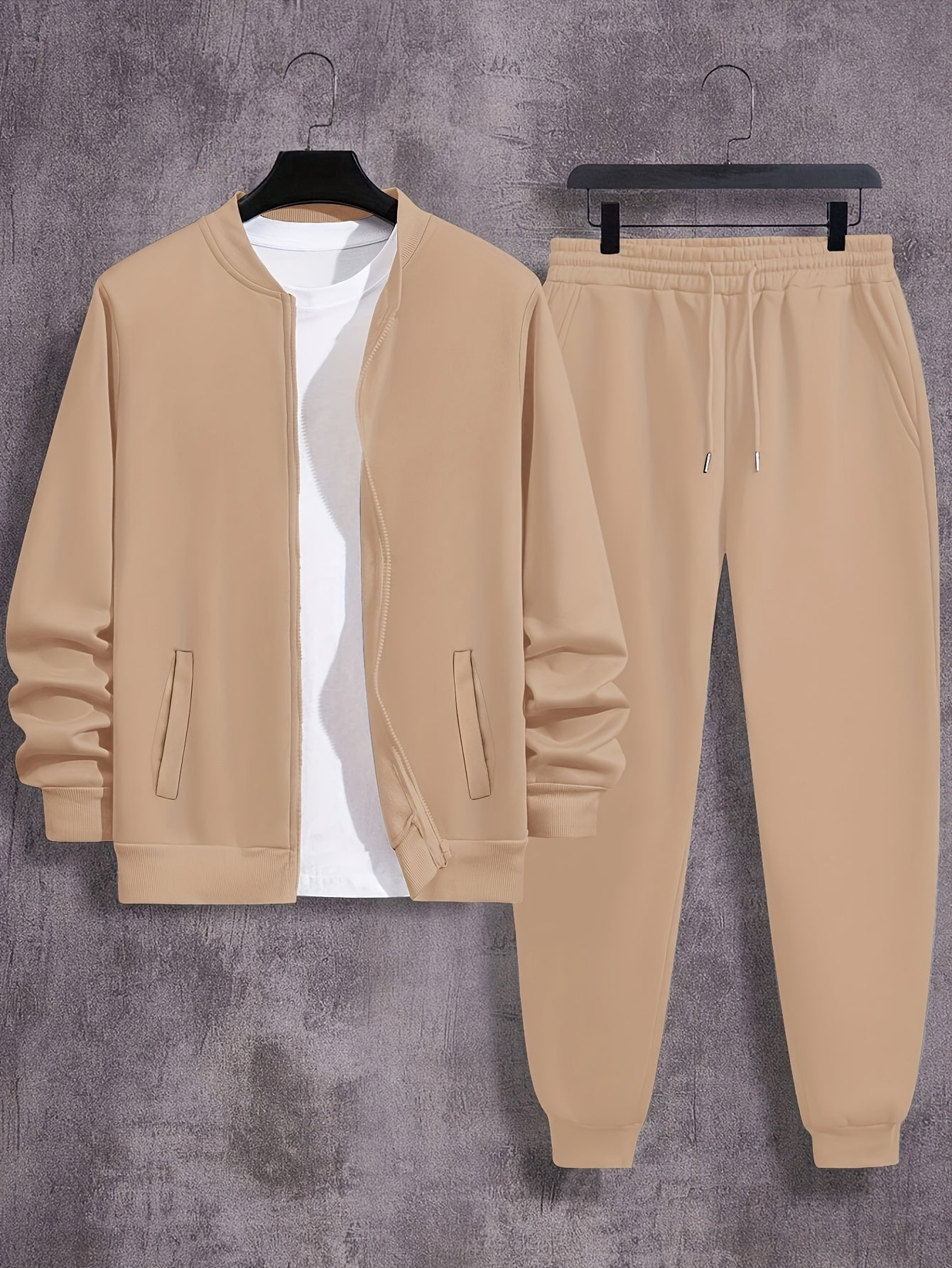 Men'S Casual Polyester Sweatsuit Set with Baseball Collar and Slight Stretch - Solid Color Long Sleeve Knit Fabric Track Suit for Fall/Winter