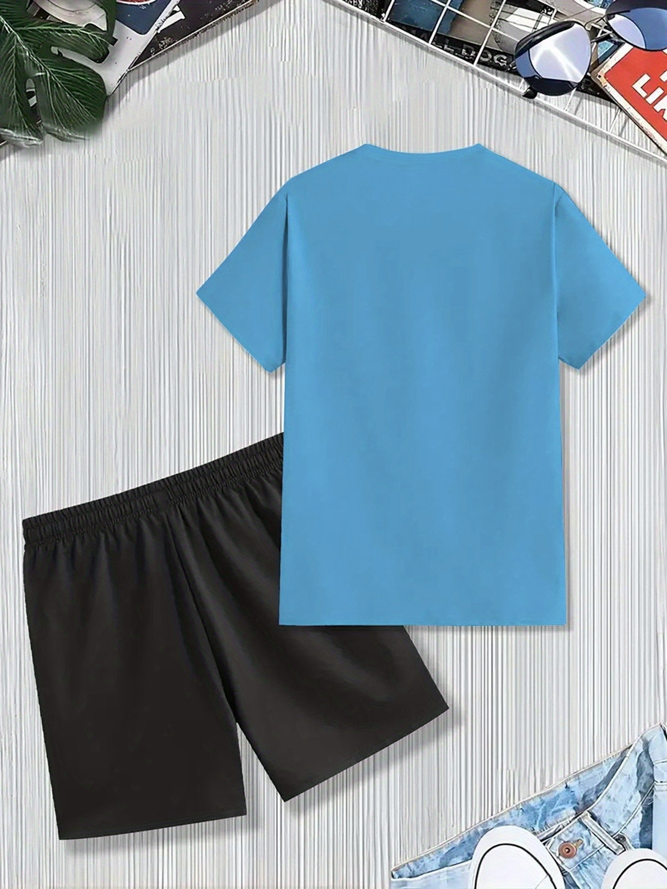 Men'S Summer Casual Sport Two-Piece Set - LADA Letter Pattern Print T-Shirt and Black Drawstring Shorts, Casual Sportswear, Regular Fit - Perfect for Summer Outdoor