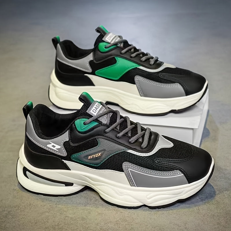 Men'S Casual Sports Shoes - Thick-Soled Lace-Up Sneakers with Synthetic Upper, Cushioned EVA Insole & PVC Sole for Outdoor Hiking, Running, Gym - All-Season Comfort in Beige/Black, Brown/White, Green/White, Versatile Trainers