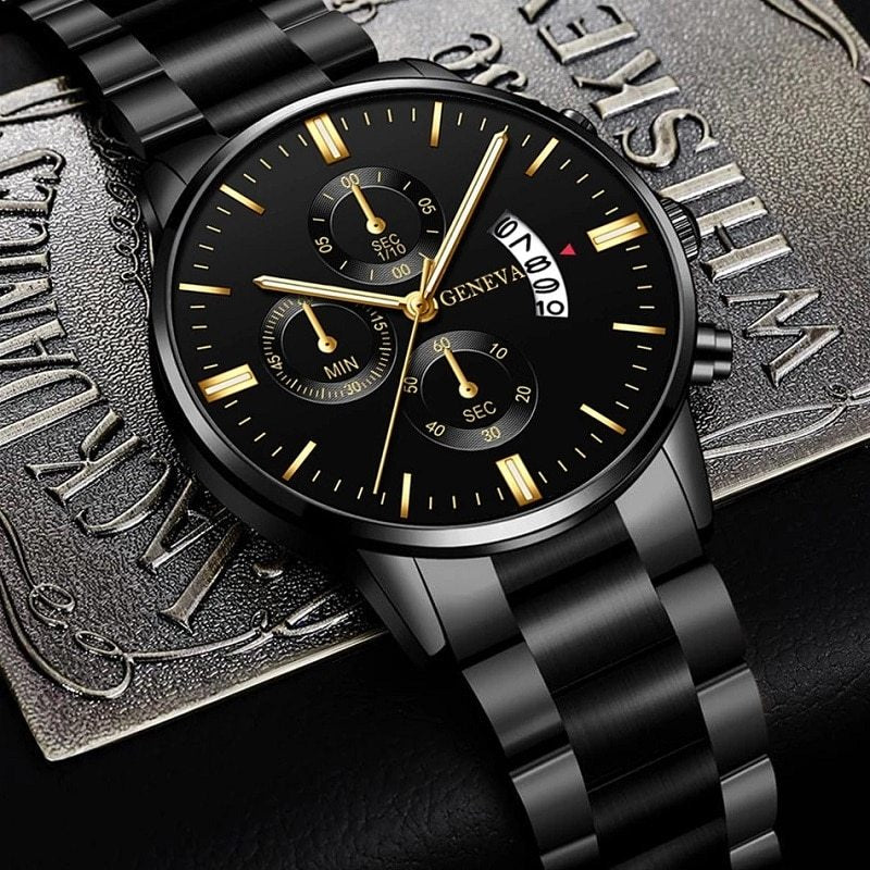 Men'S Luxury Black Stainless Steel Quartz Watch with a Date Feature, Ideal for Business Occasions.