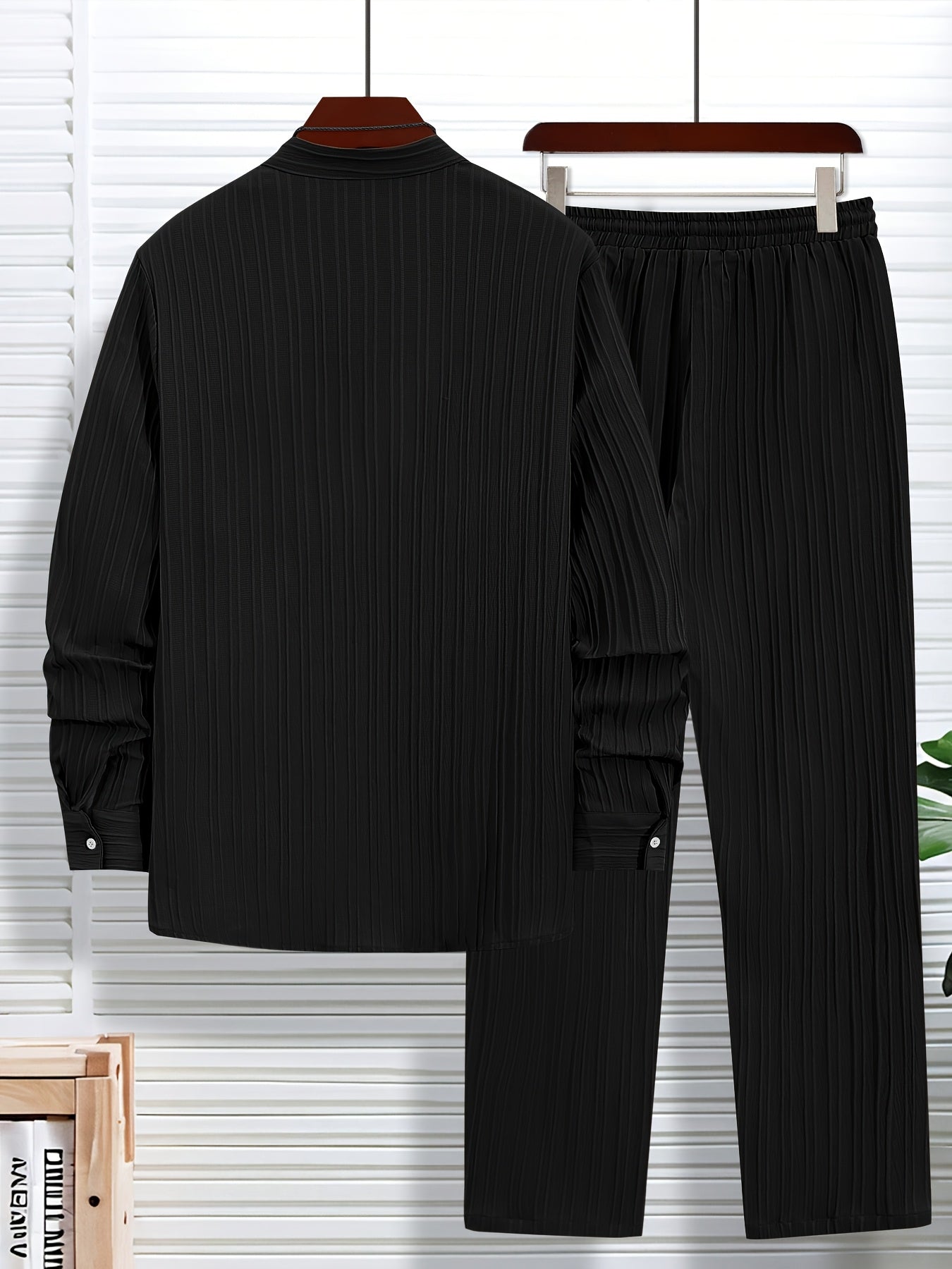 Men'S Two-Piece Set Featuring Textured Fabric, Versatile Long-Sleeve Shirt with Ear Loops, And Loose Drawstring Casual Pants.